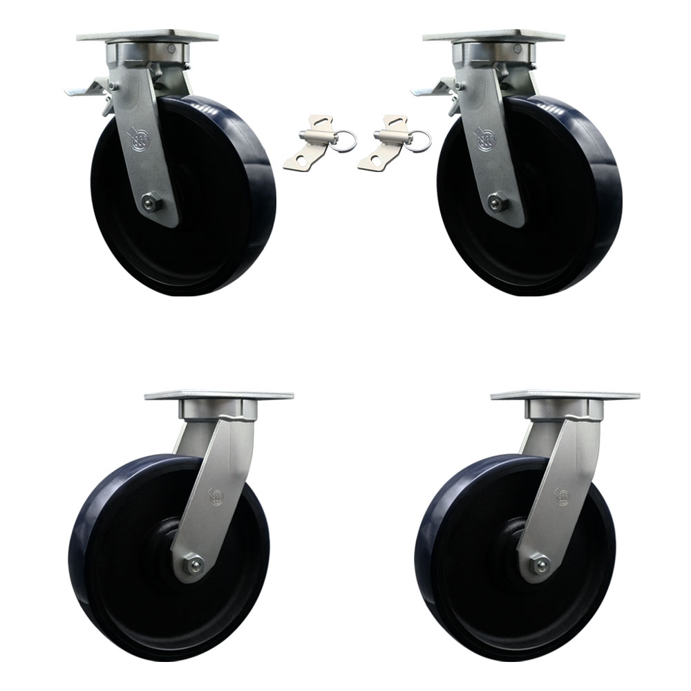 12 Inch Swivel Top Plate Caster Set Extra Heavy Duty Casters with Blue Poly on Cast Iron Wheels - Includes 2 Swivel with Bolt on Swivel Locks and 2 Swivel with Brakes -Set of 4 - Service Caster Brand — photo 1