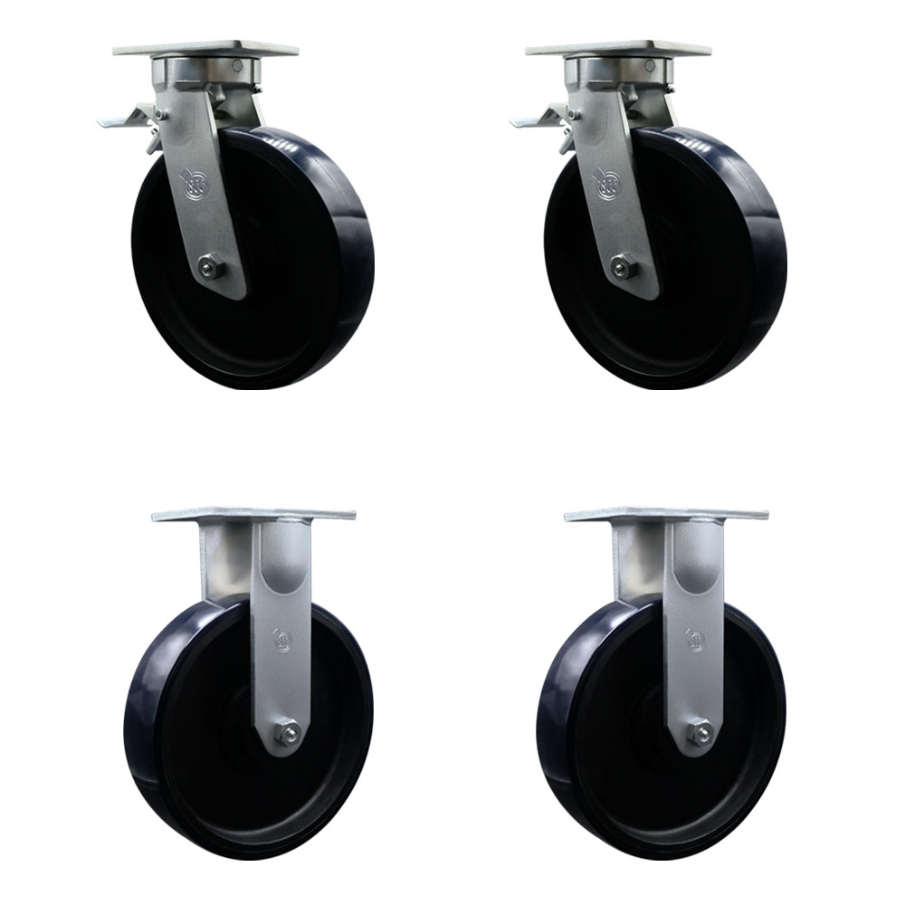 12 Inch Swivel Top Plate Caster Set Extra Heavy Duty Casters with Blue Polyurethane on Cast Iron Wheels - Includes 2 Swivel with Total Lock Brakes and 2 Rigid - Set of 4 - Service Caster Brand — photo 1