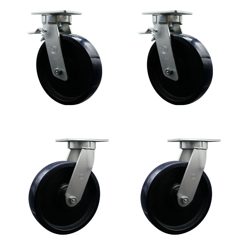 12 Inch Swivel Top Plate Caster Set Extra Heavy Duty Casters with Blue Polyurethane on Cast Iron Wheels - Includes 2 Swivel with Total Lock Brakes and 2 Swivel - Set of 4 - Service Caster Brand — photo 1