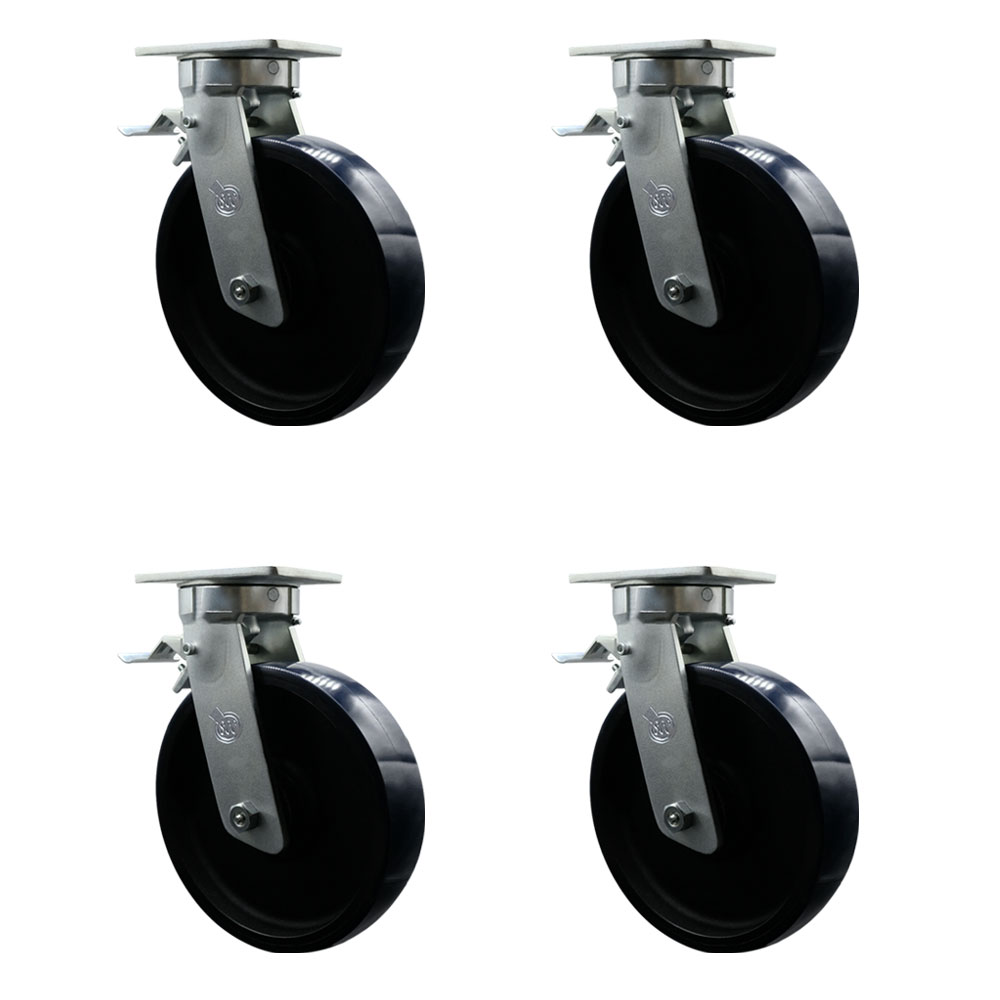 12 Inch Swivel Top Plate Caster Set Extra Heavy Duty Casters with Blue Polyurethane on Cast Iron Wheels - Includes 4 Swivel with Total Lock Brakes - Casters Set of 4 Heavy Duty - Service Caster Brand — photo 1