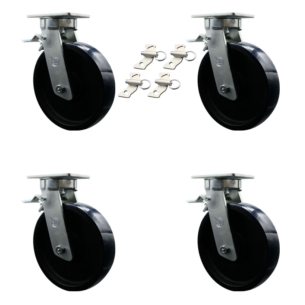 12 Inch Swivel Top Plate Caster Set Extra Heavy Duty Casters with Blue Polyurethane on Cast Iron Wheels-Includes 4 Swivel with Total Lock Brakes and Bolt on Swivel Locks-Set of 4- Service Caster Brand — photo 1
