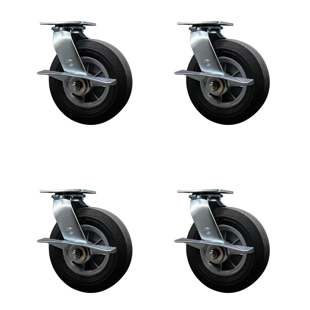 8 Inch Swivel Semi Pneumatic Casters Set of 4 - Black Solid Rubber Wheels - Includes 4 Swivel with Side Lock Brakes - Heavy Duty Casters - 1,760 lbs. Total Capacity - Service Caster Brand — photo 1