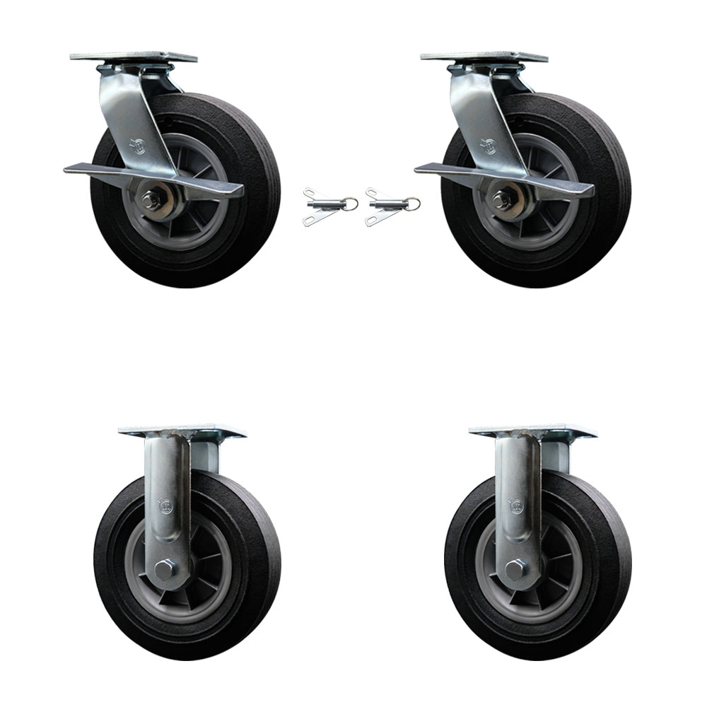 8 Inch Swivel Semi Pneumatic Casters Set of 4 - Black Solid Rubber Wheels - Includes 2 Swivel with Brakes and Bolt on Swivel Locks and 2 Rigid - Heavy Duty Casters - Service Caster Brand — photo 1