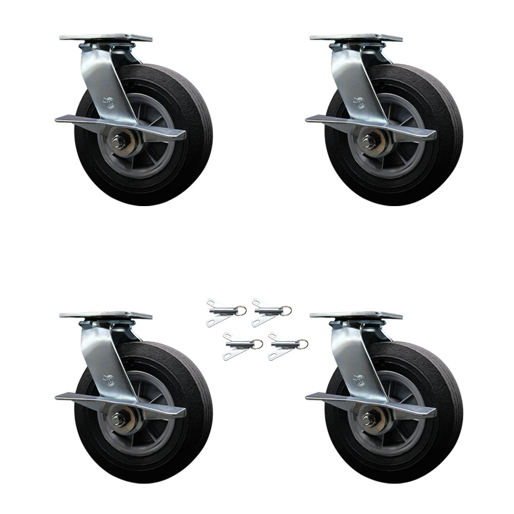 BBQ Smoker Grill Flat Free All Terrain Caster Wheel Set–8 Inch Easy Roll, No Flat, Maintenance Free Solid Rubber Wheel–4 Swivel Casters with Side Lock Brakes and Bolt-On Locks–Set of 4– Service Caster — photo 1