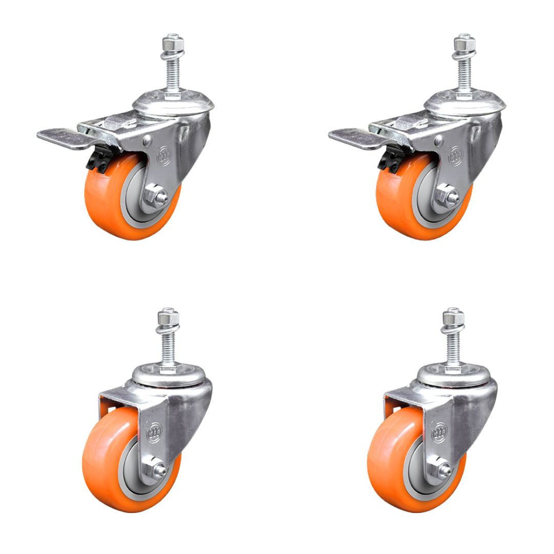 Poly Swivel Stem Caster Set of 4 with 3 Inch Orange Caster Wheels-10mm Metric Threaded Stems-316 Stainless Steel Caster-Include 2 Swivel Casters with Total Lock Brake and 2 Swivel-Service Caster Brand — photo 1
