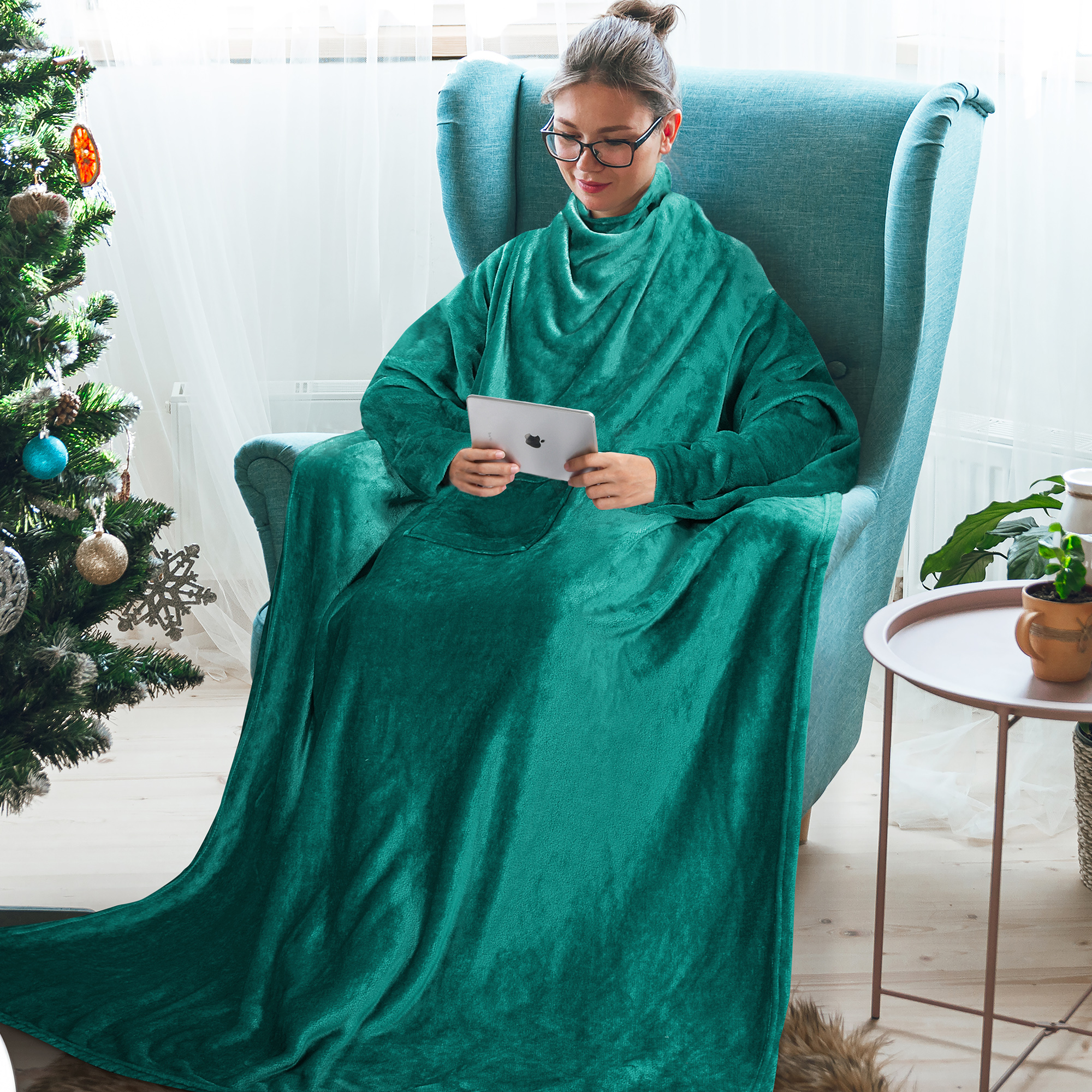Fleece Tragdecke mit Ärmeln Tasche Mikrofaser Warm TV Decke Grün - Bild 6 von 6