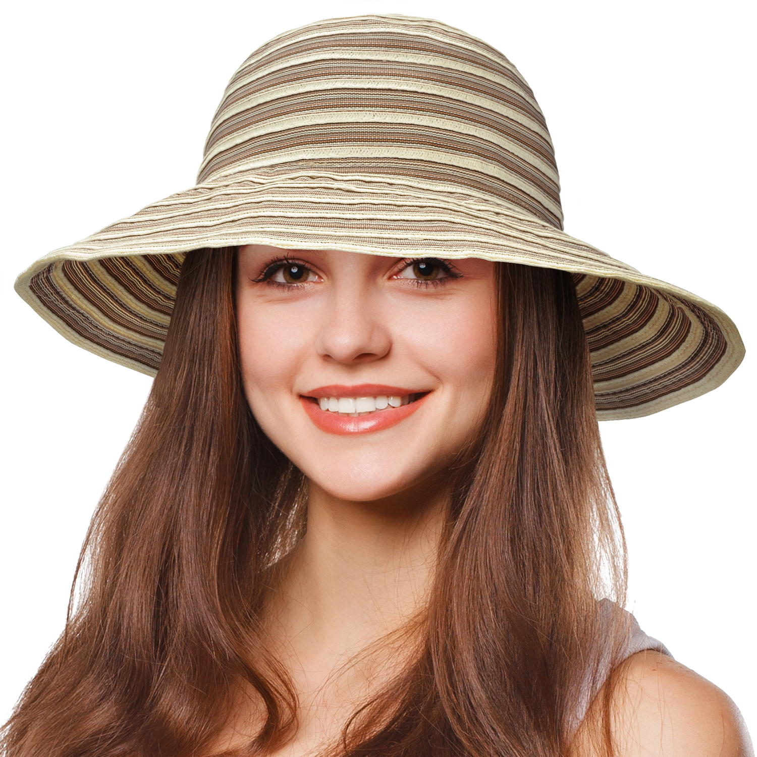 Tirrinia Floppy Straw Sun Hat for Women Striped Foldable Beach Cap Wide Brim - Picture 12 of 54