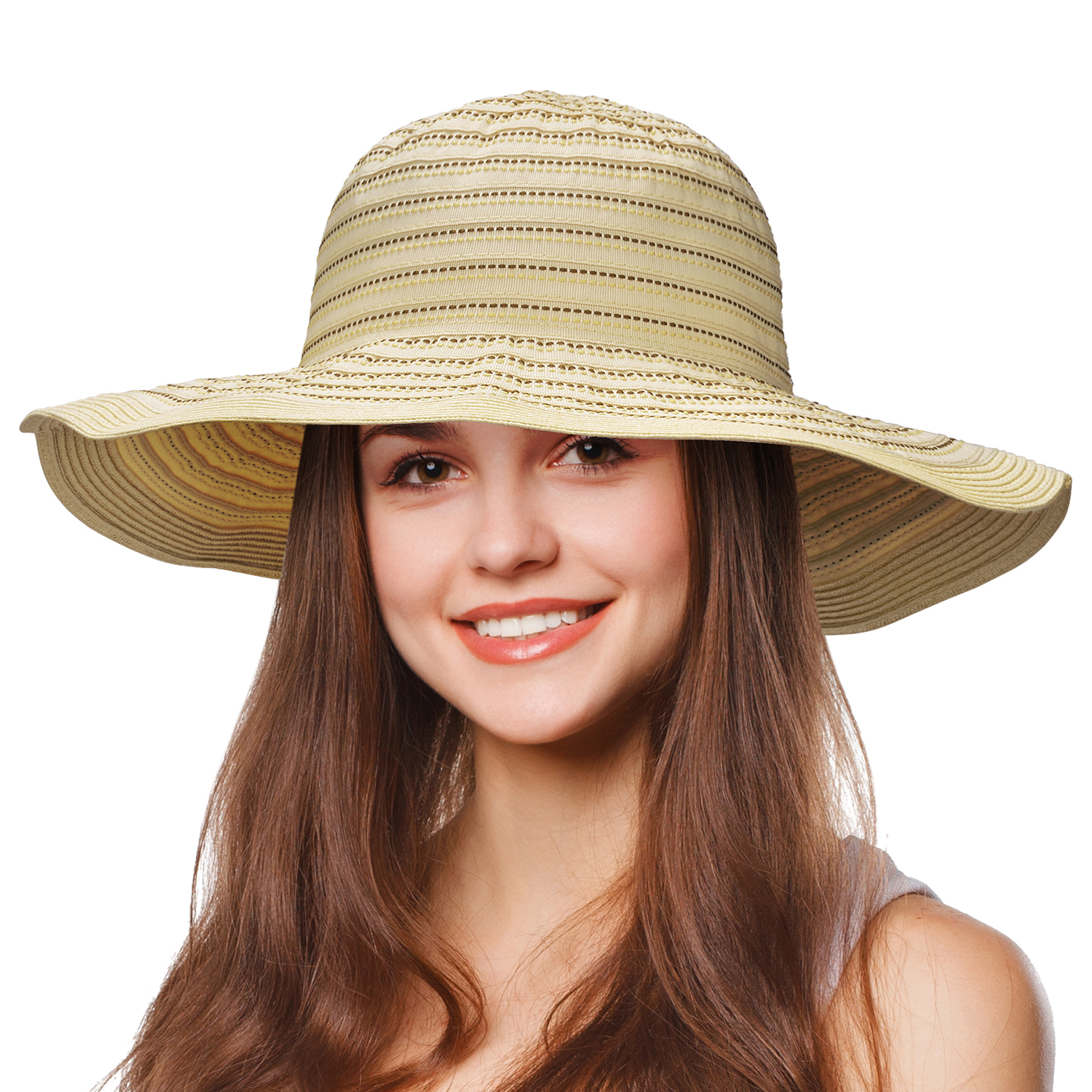 Tirrinia Floppy Straw Sun Hat for Women Striped Foldable Beach Cap Wide Brim - Picture 18 of 54