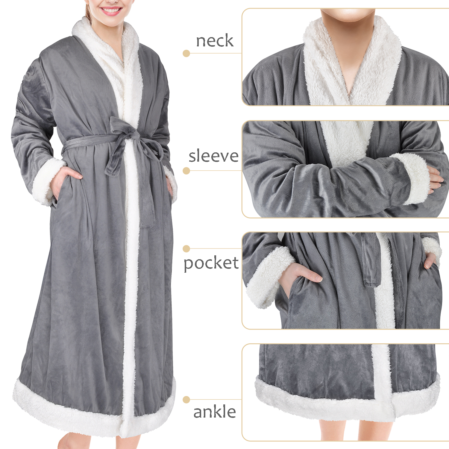Womens Ladies Fluffy Robe Soft Fleece Plush Warm Sherpa Night Spa Bathrobe GRAY - Picture 2 of 5