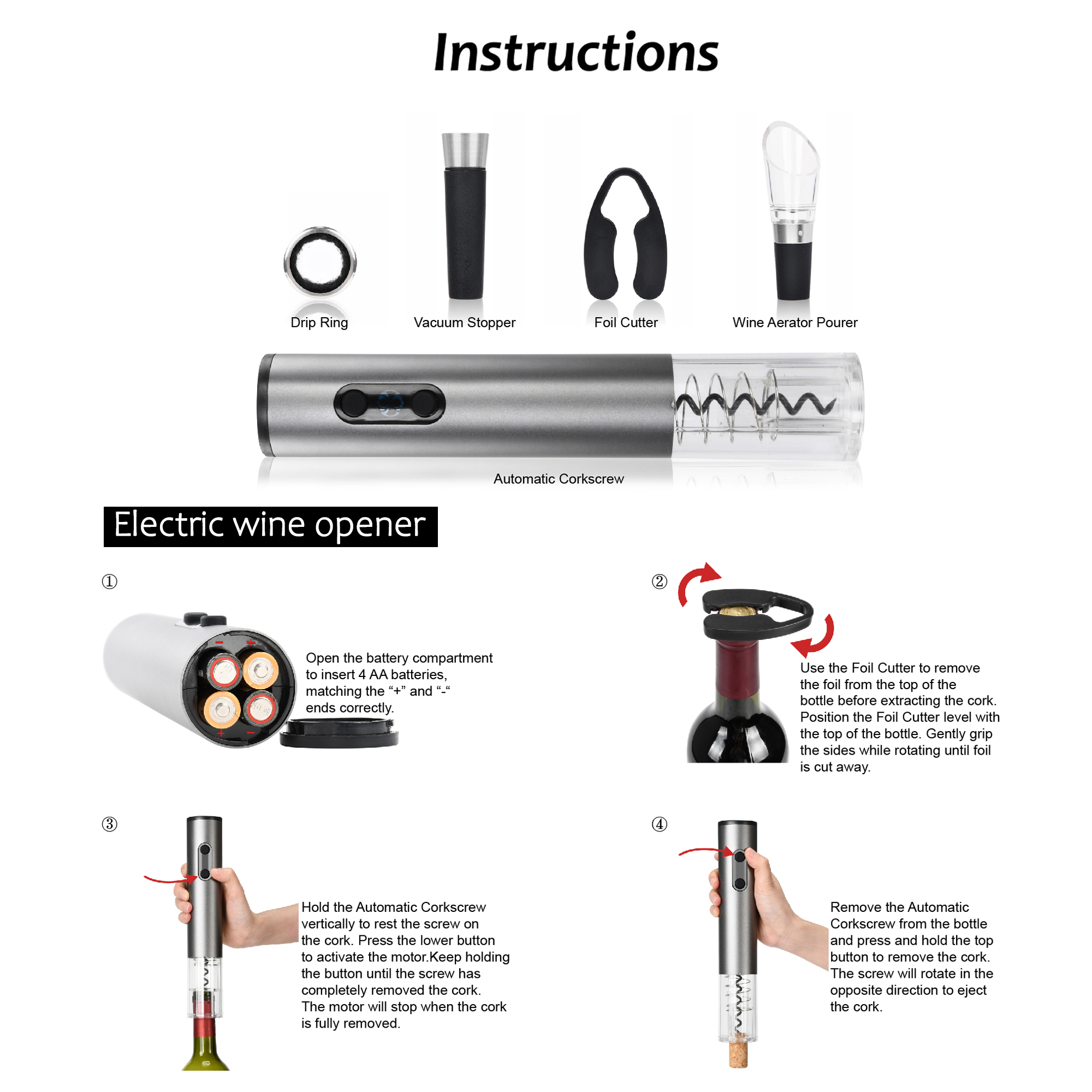 Electric Wine Opener Set Bottle Cork Tool Kit Drip Ring Vacuum Stopper Gift - Picture 12 of 23