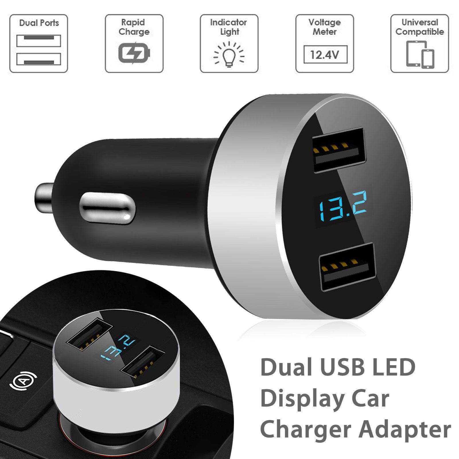 Dual USB Port Car Charger 3.1A Fast Charge LED Display Cigarette