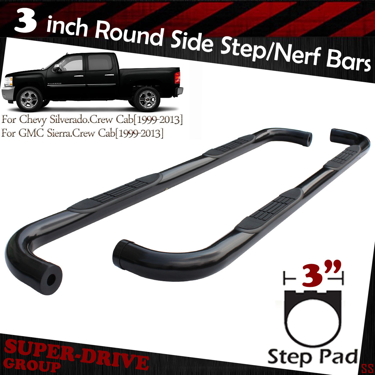 FOR 99-11 CHEVY//RAM//GMC EXTENDED//CREW LEFT+RIGHT BLACK 3/"NERF RUNNING STEP BAR