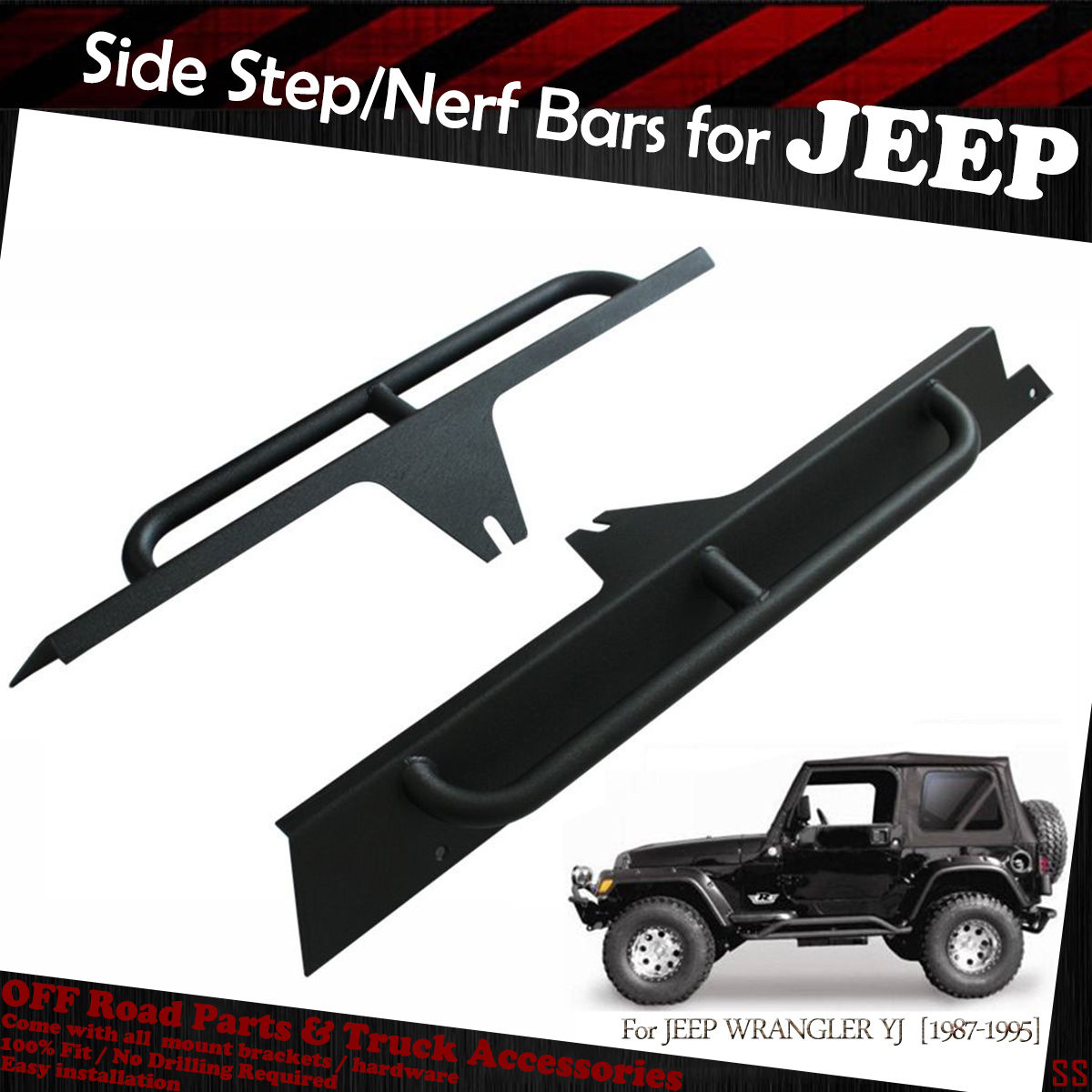 1987-1996 Jeep Wrangler YJ 2 D Textured Off Road Black Side Armor Rock Sliders
