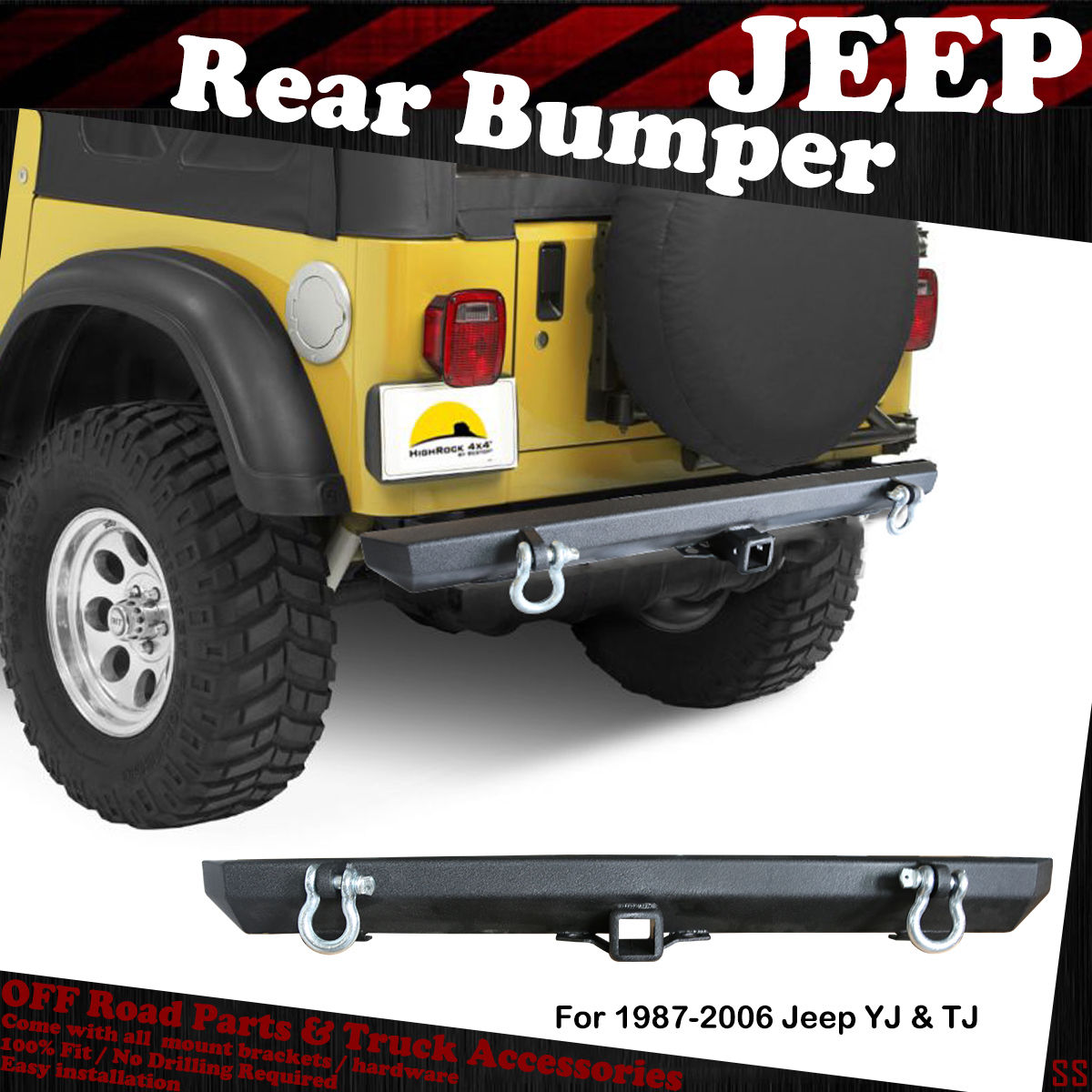 YJ Black Textured Rear Bumper Guard Fit 1987-2006 Jeep Wrangler TJ