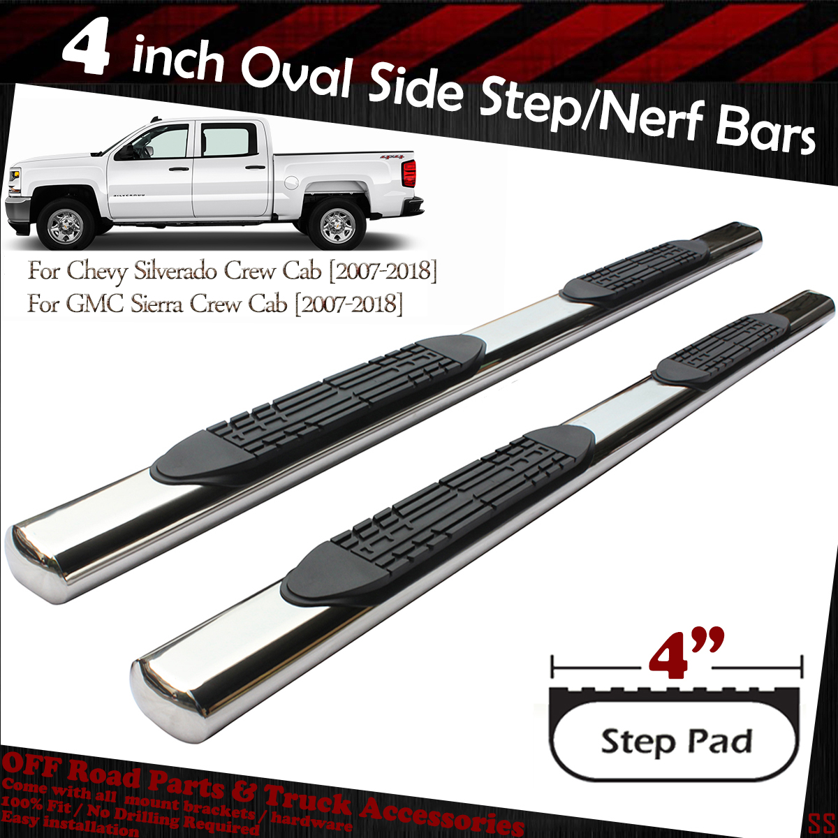 For 2007-2018 Chevy Silverado GMC Sierra Crew Cab 4/" INCH OVAL Nerf Bars Side St