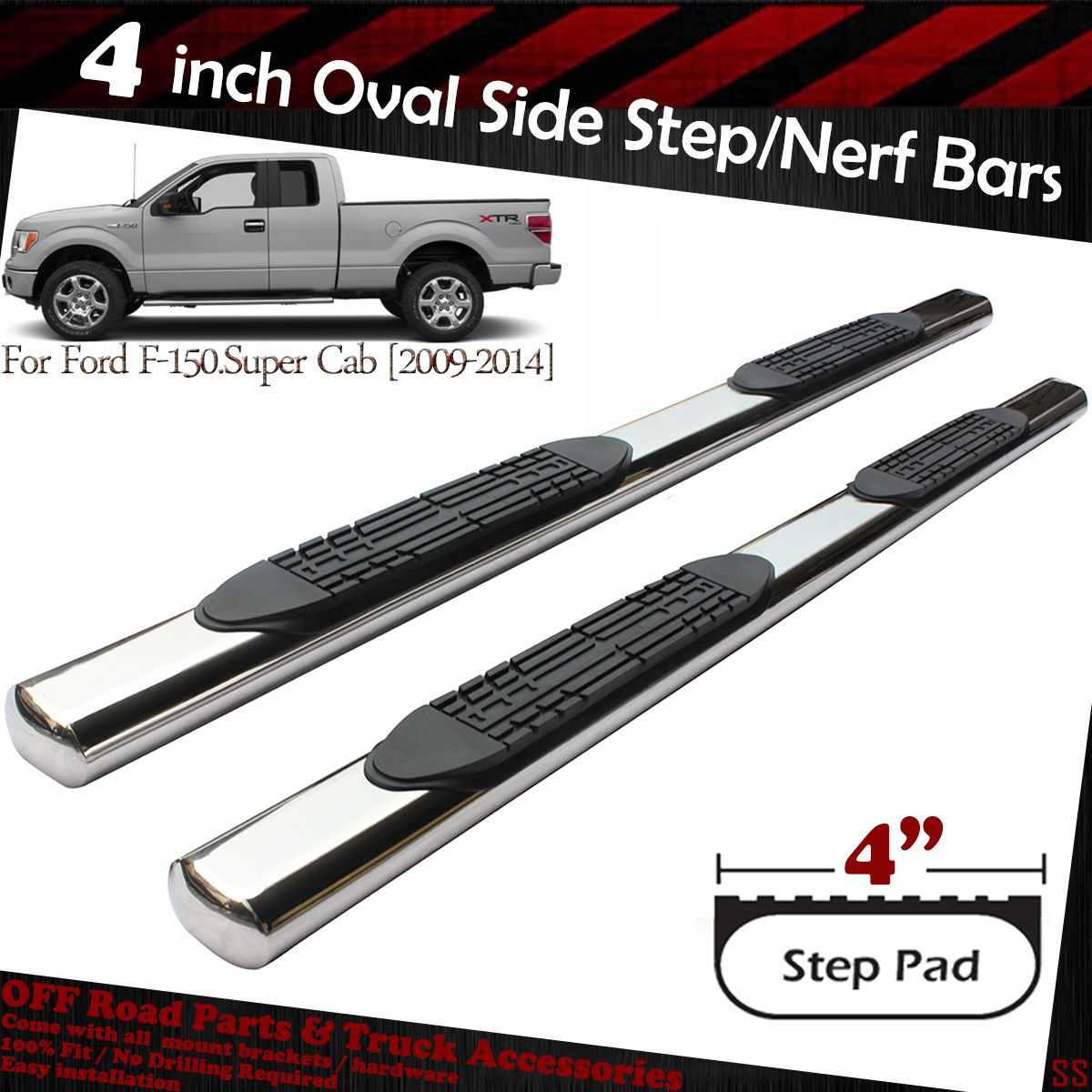 Fit 09-14 Ford F150 Super Crew Cab 4/" Oval Bent Black Nerf Bars Running Boards
