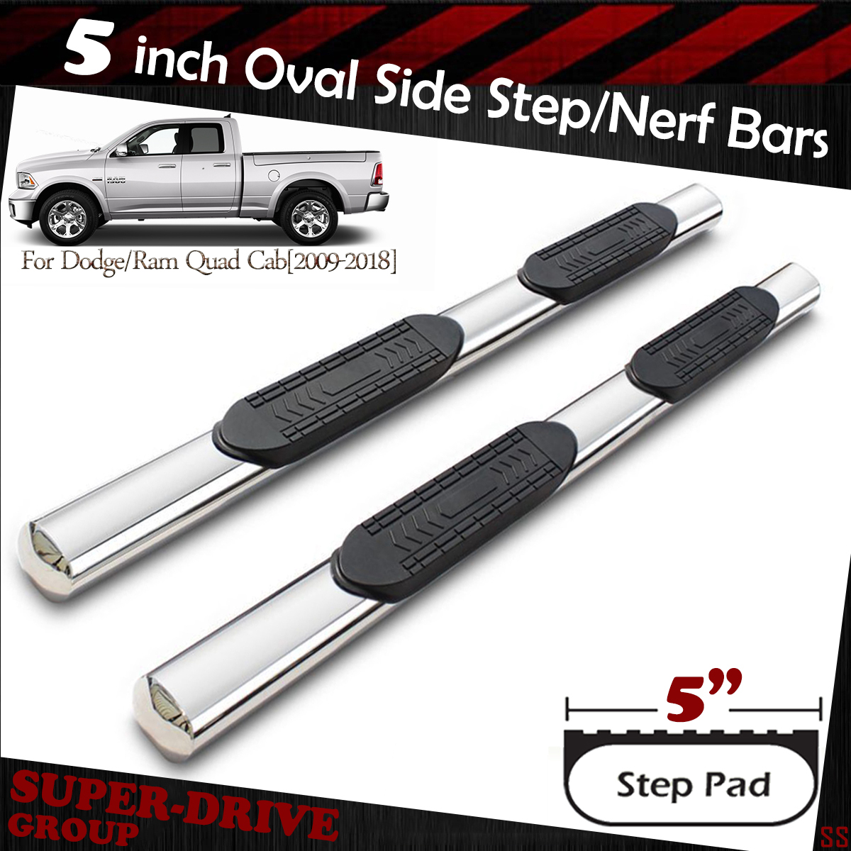 3/" Running Board Oval Nerf Bars Side Steps For 2009-2018 Dodge Ram 1500 Quad Cab
