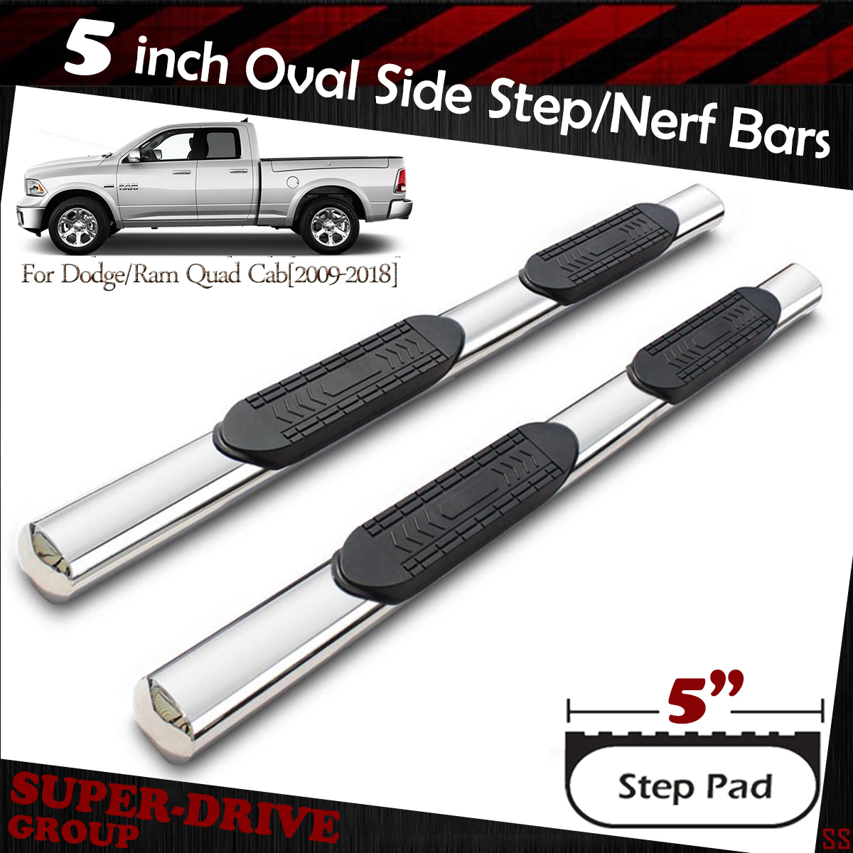 5/" S//s Oval Side Steps For 2009-2018 Dodge Ram 1500 Crew Cab Running Boards