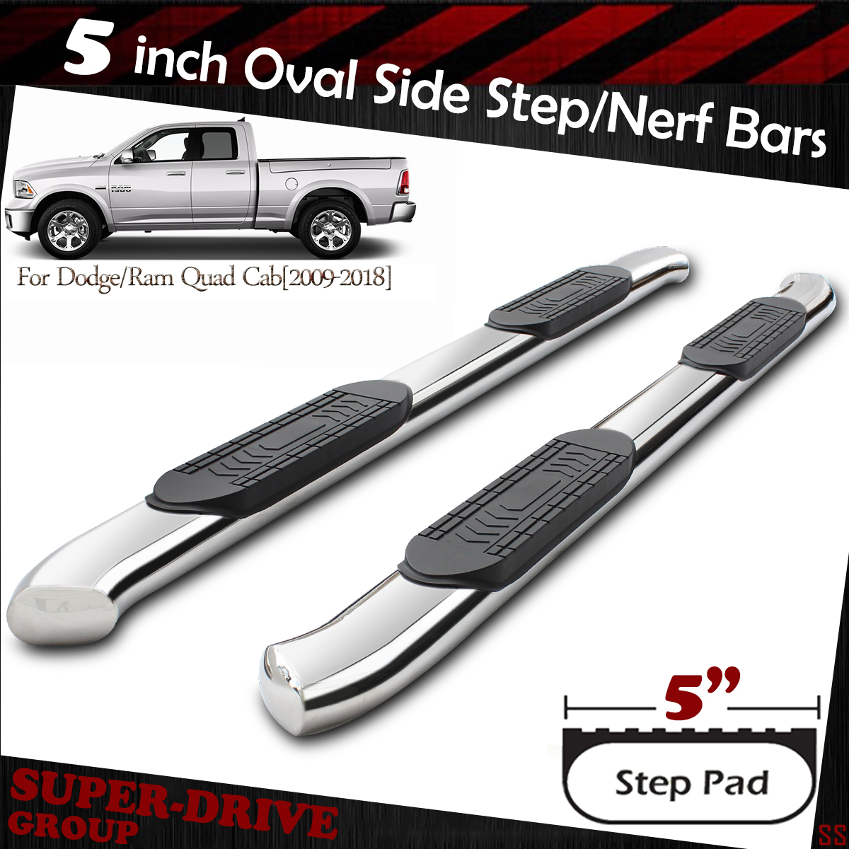 5/" S//s Oval Side Steps For 2009-2018 Dodge Ram 1500 Crew Cab Running Boards