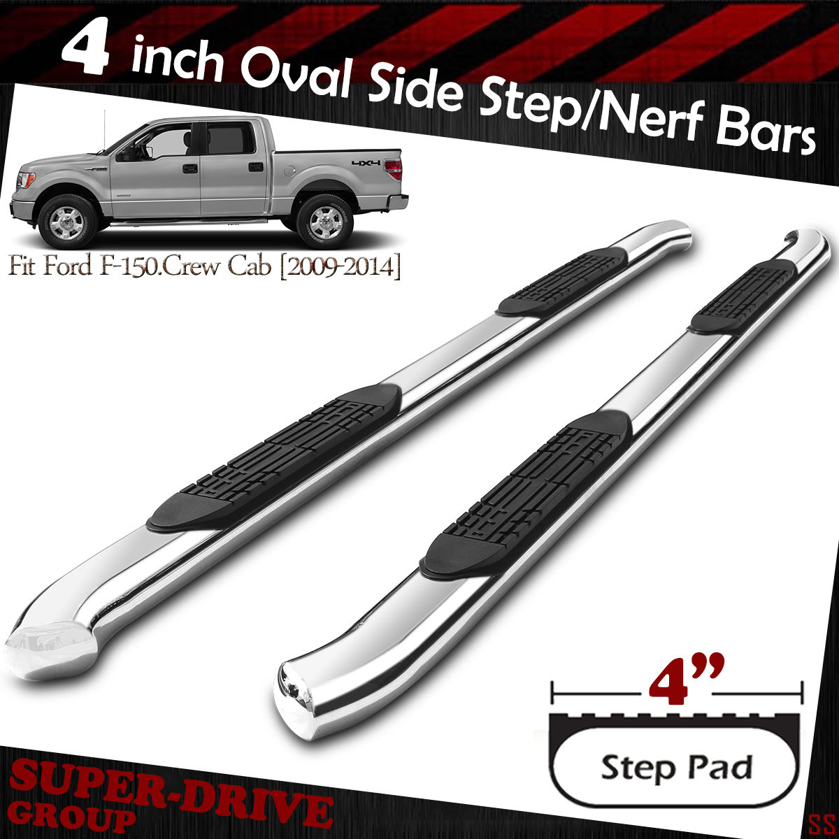 Fits 09-14 F150 Crew Cab 4 Inch Black Curved Side Step Bar Running Boards LH RH