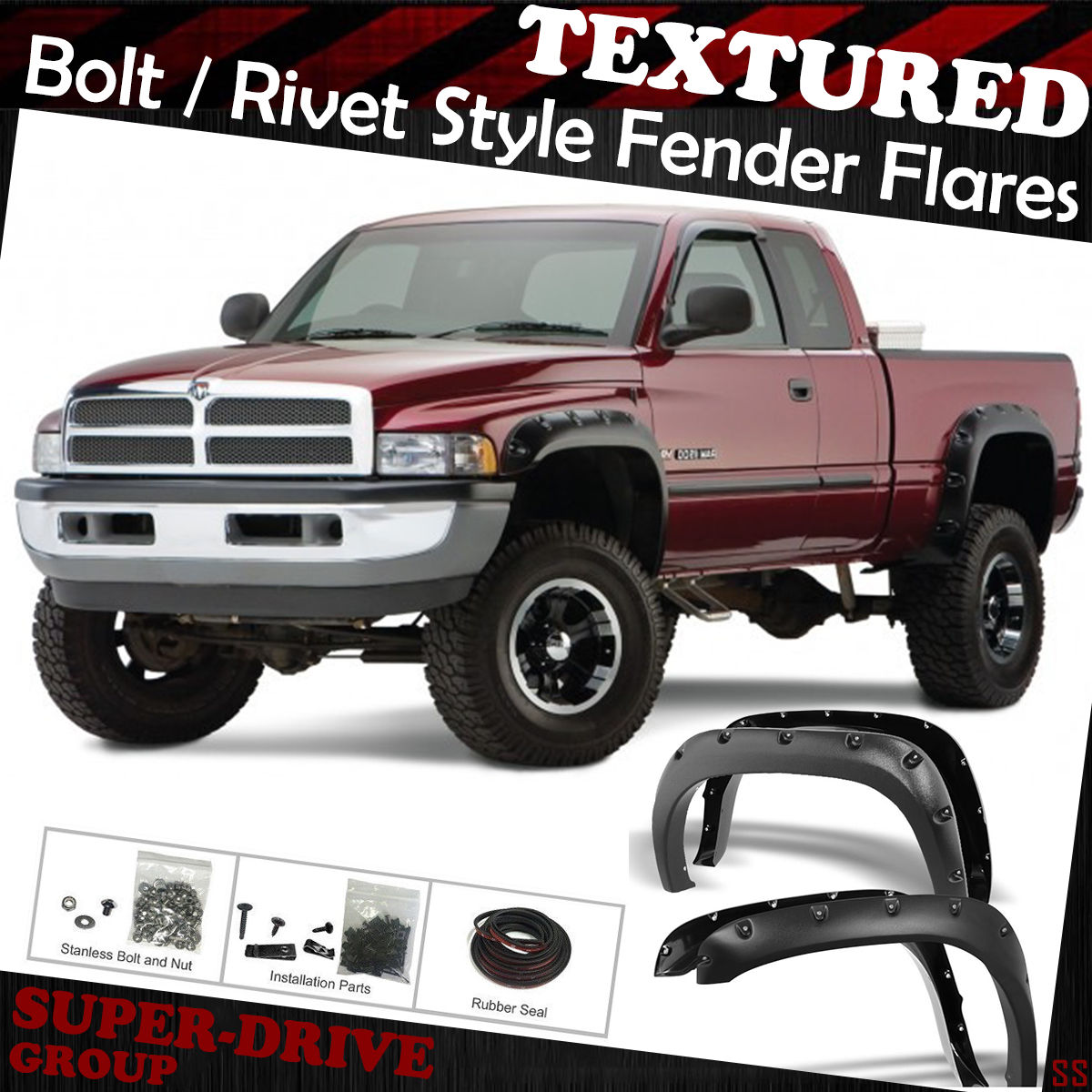 Pocket-Riveted Black Textured Fender Flares For 94-02 Dodge Ram 1500 2500 3500
