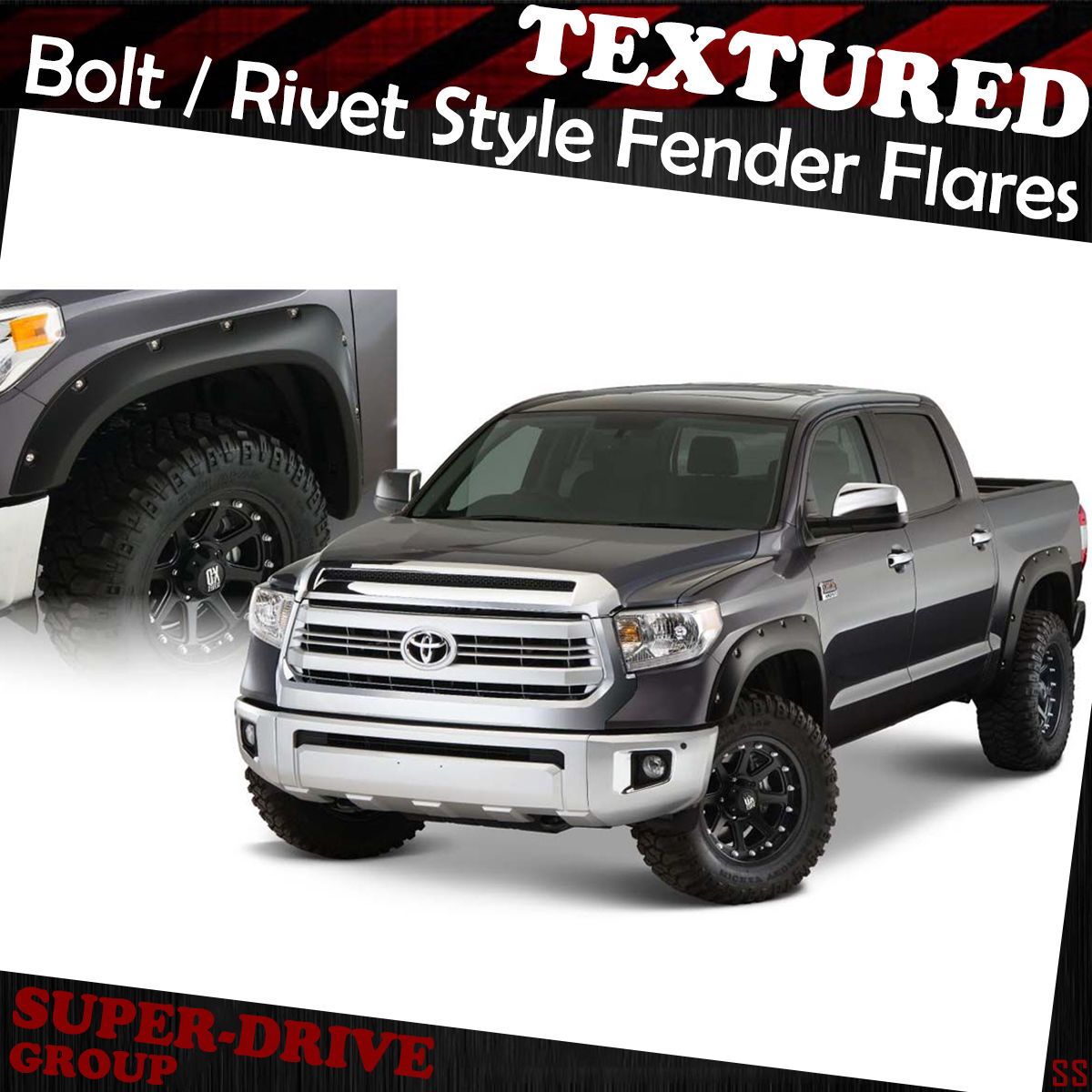 BLACK TEXTURED Pocket Rivet Fender Flares 2007-2013 Toyota Tundra Front Long
