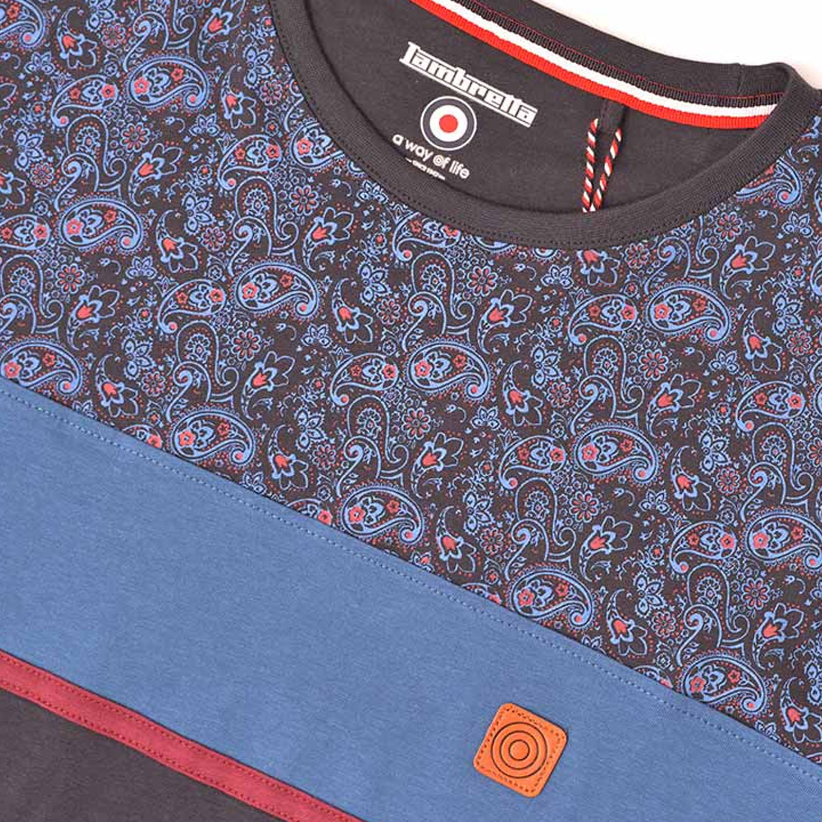 Lambretta Mens Paisley Panel Short Sleeve Crew Neck Cotton T-Shirt Top Tee - Picture 3 of 7