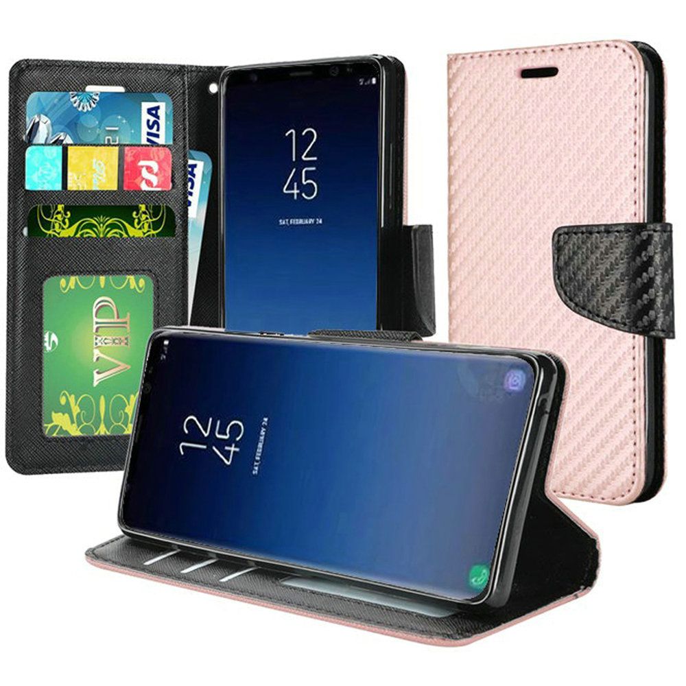 GSA Carbon Fiber Two-Tone Flip Wallet Case for Samsung S9 Rose