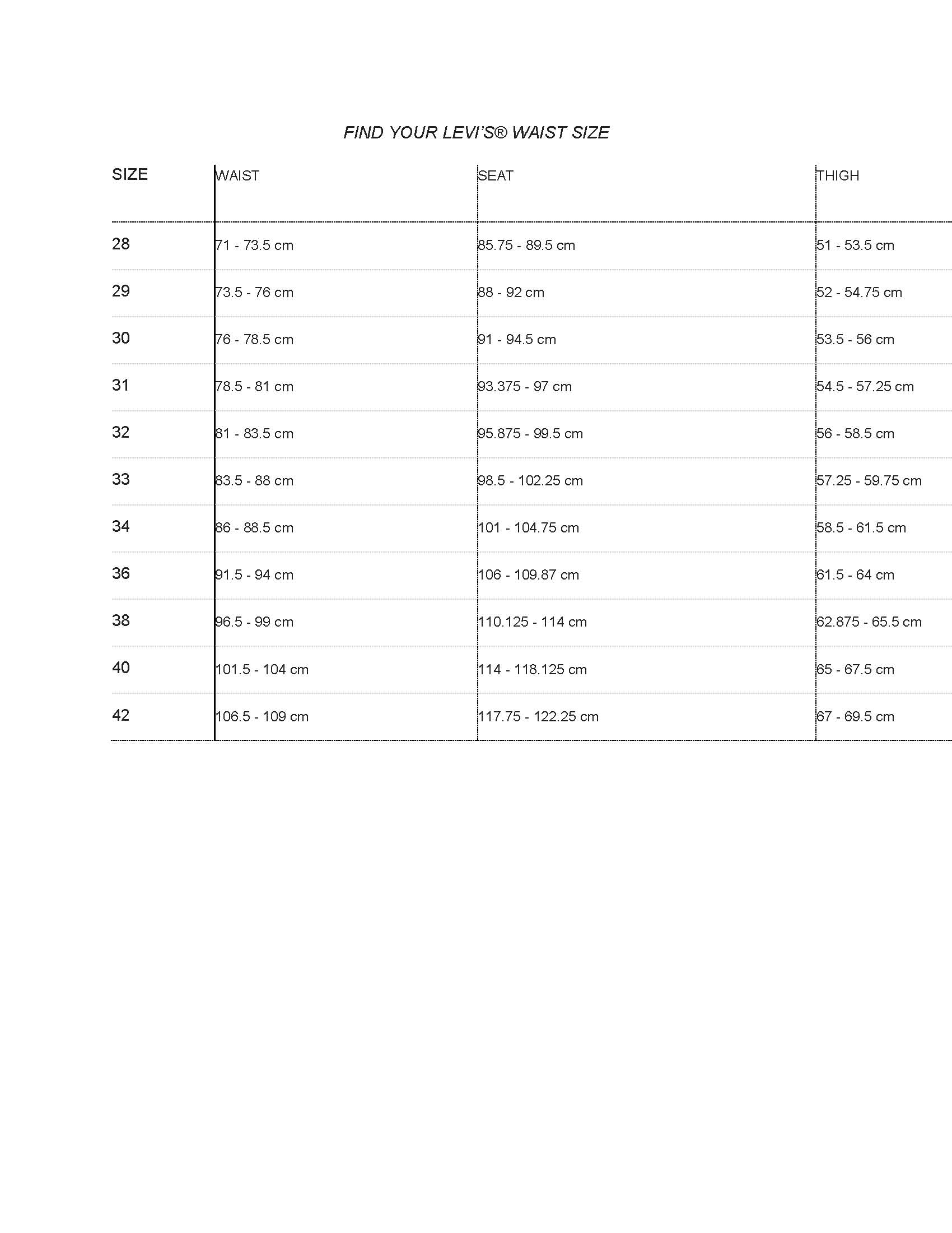 levis size guide cm