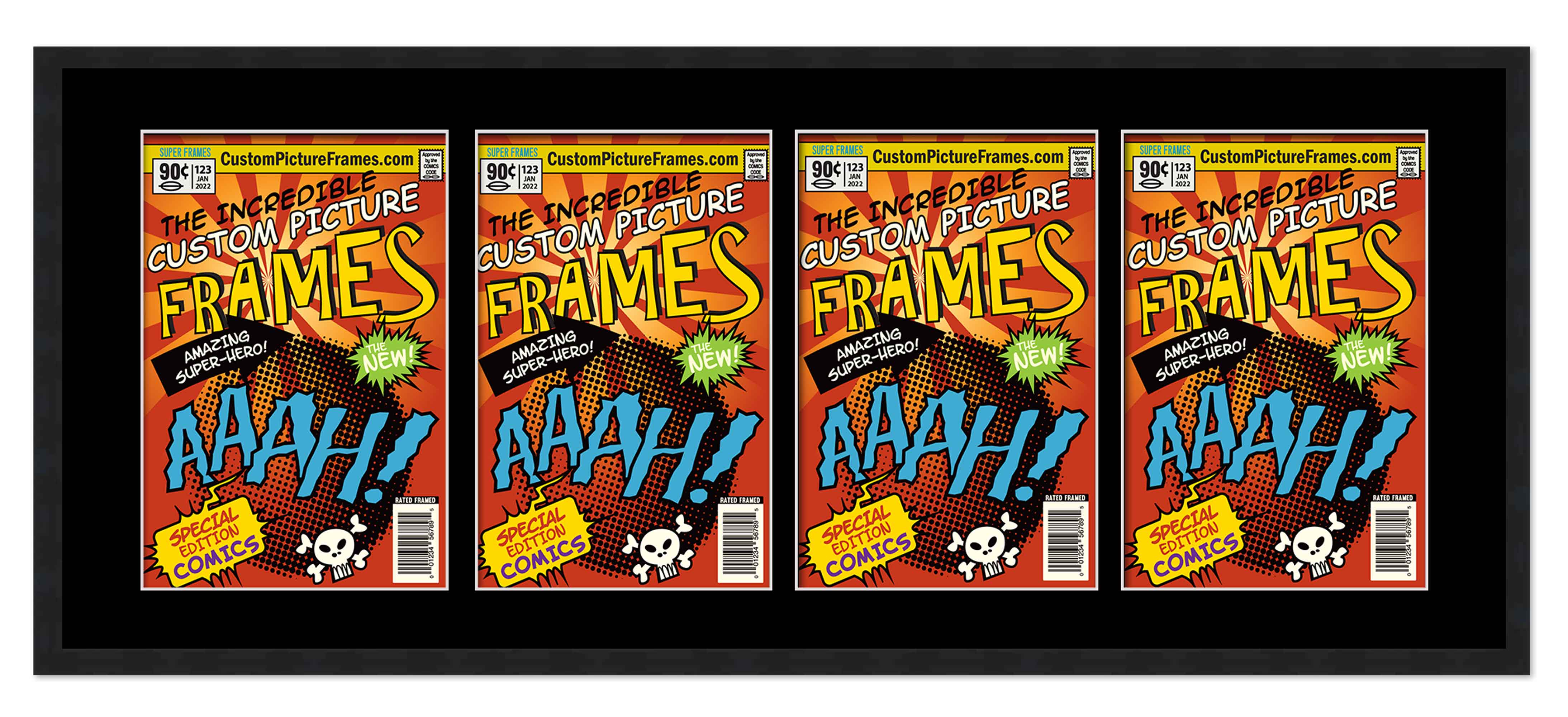 Black Comic Book Frame W/ Black Mat For 4 Silver Age Comics Horizontally