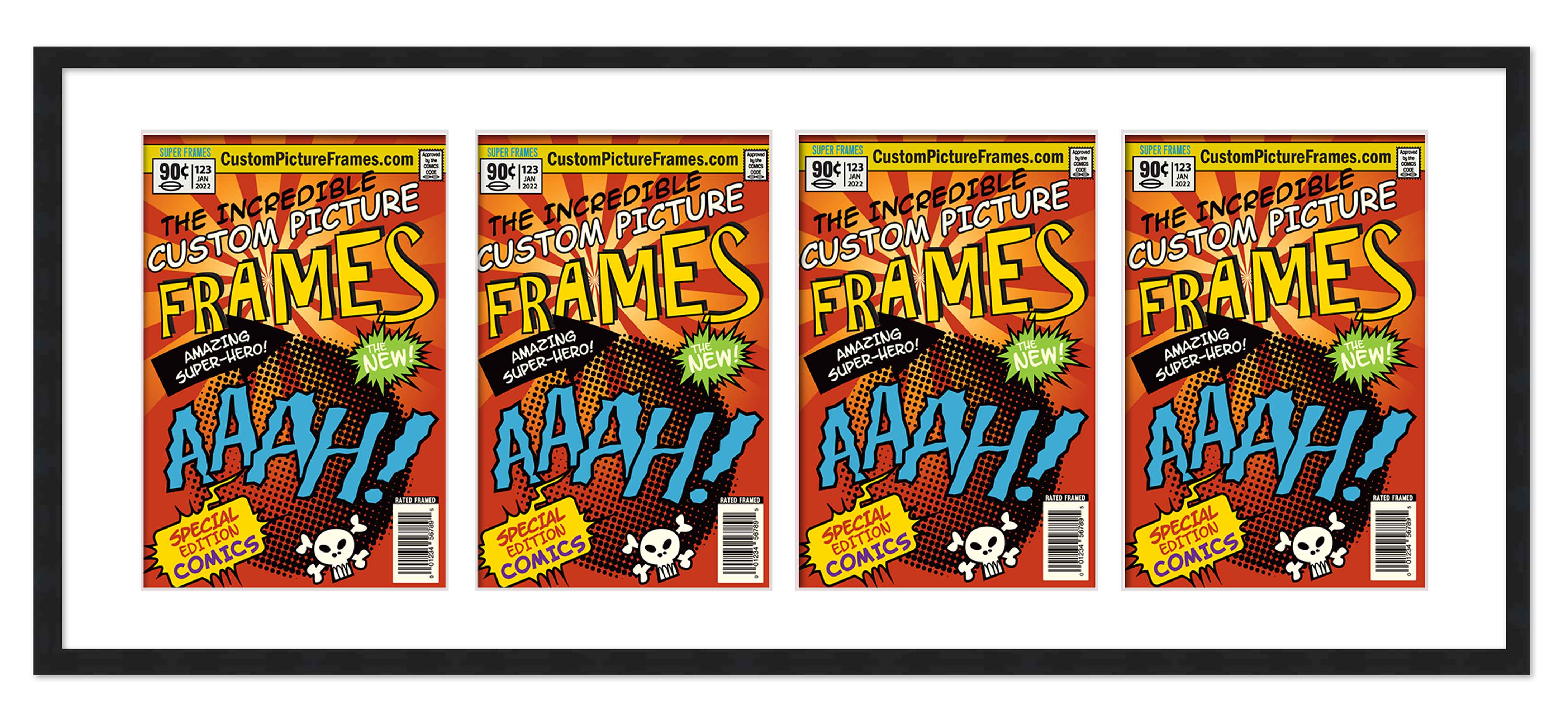 Black Comic Book Frame W/ White Mat For 4 Silver Age Comics Horizontally