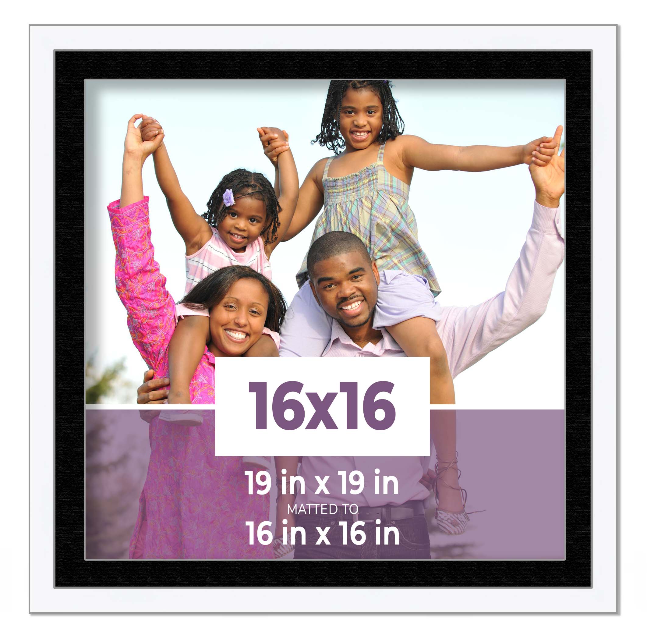 16x16 Frame White With Black Picture Mat For 16x16 Photo - White 19x19 Frame To main product image