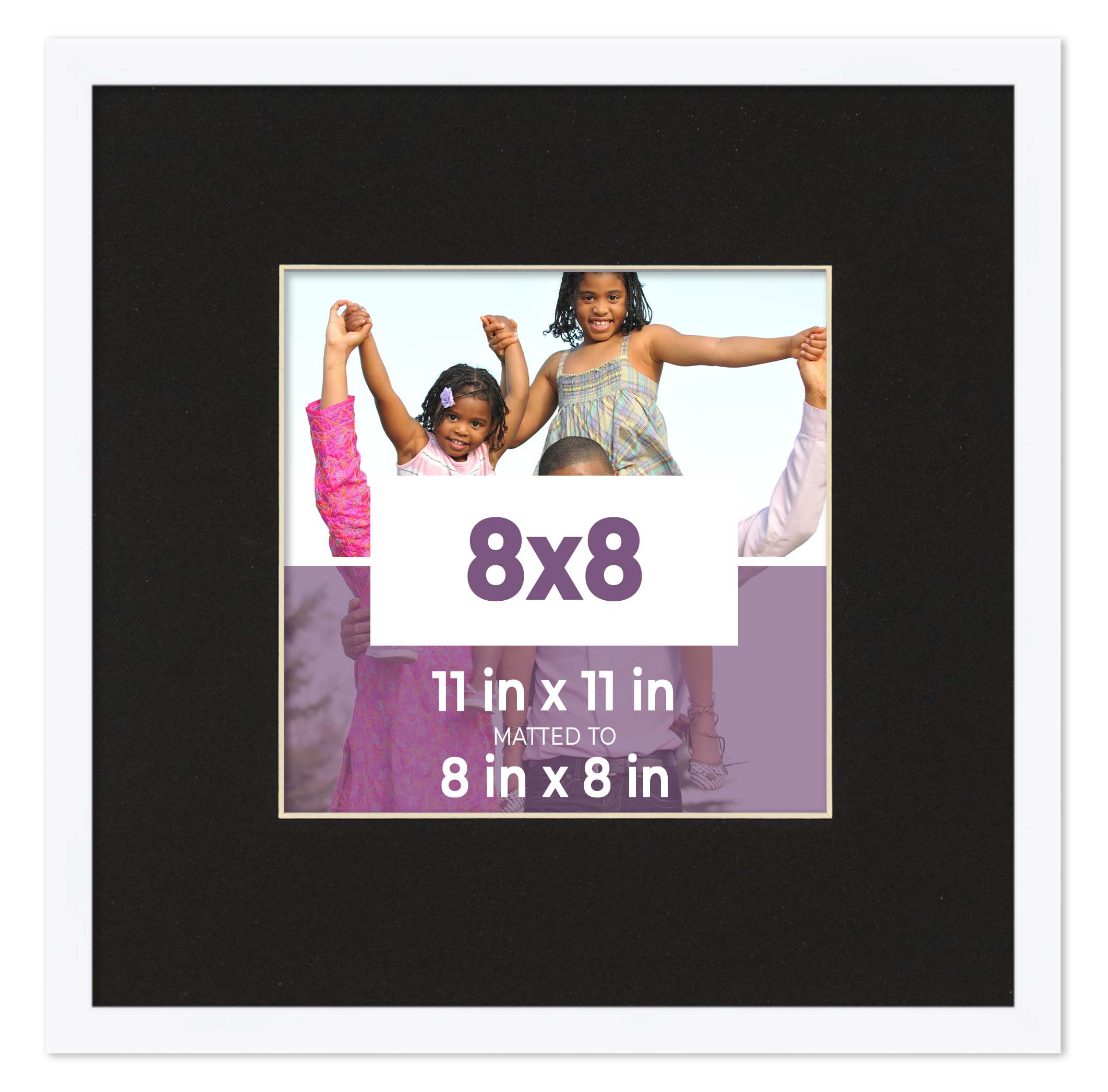 8x8 Frame White With Black Picture Mat For 8x8 Photo - White 11x11 Frame To Disp main product image