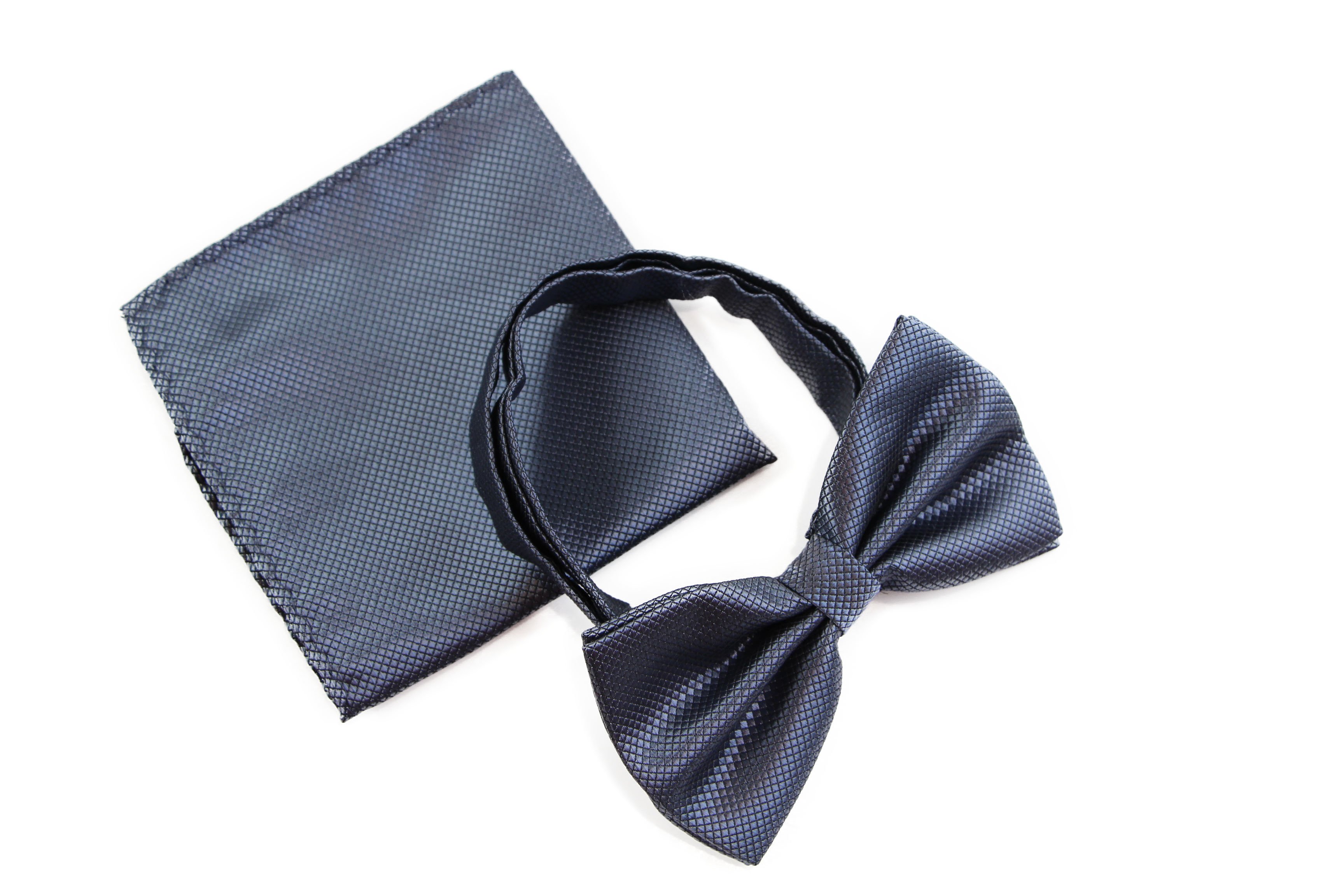 Check Bow Tie + Matching Pocket Square Hanky Handkerchief Black Blue 2Pc Set - Picture 12 of 24