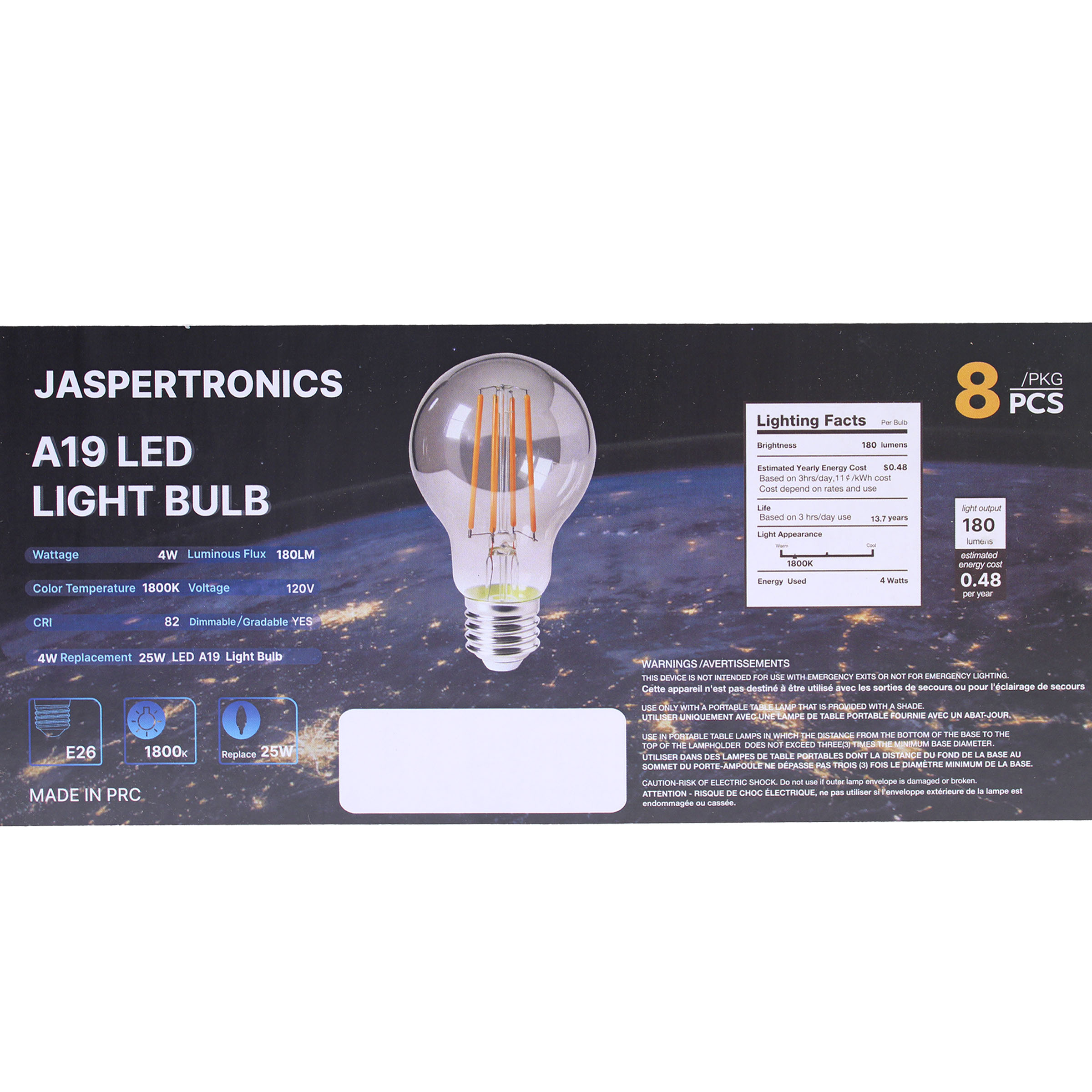 Jaspertronics A19 Edison LED bulbs 4W 25W equivalent extra warm white