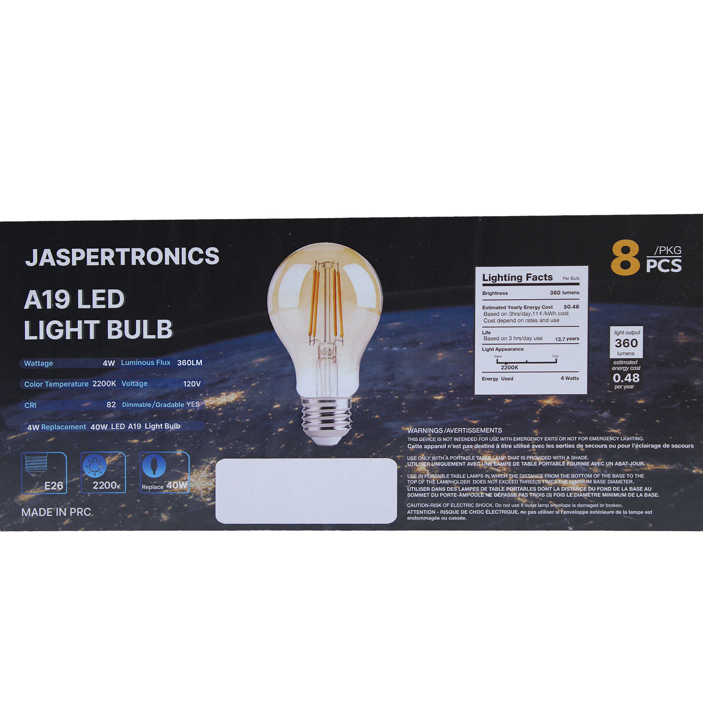 Jaspertronics dimmable vintage LED bulb 360 lumens pack of 8