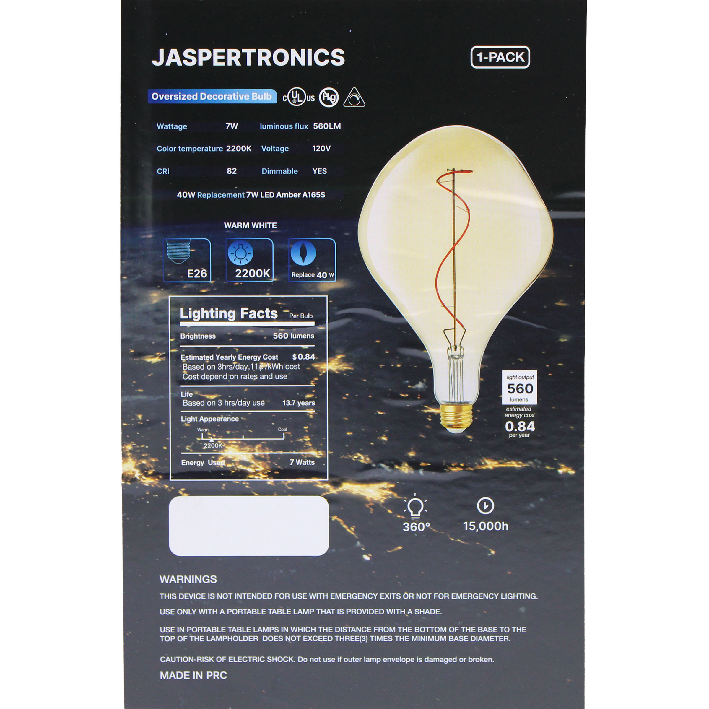 Jaspertronics 7W dimmable LED filament bulb, 560 lumens