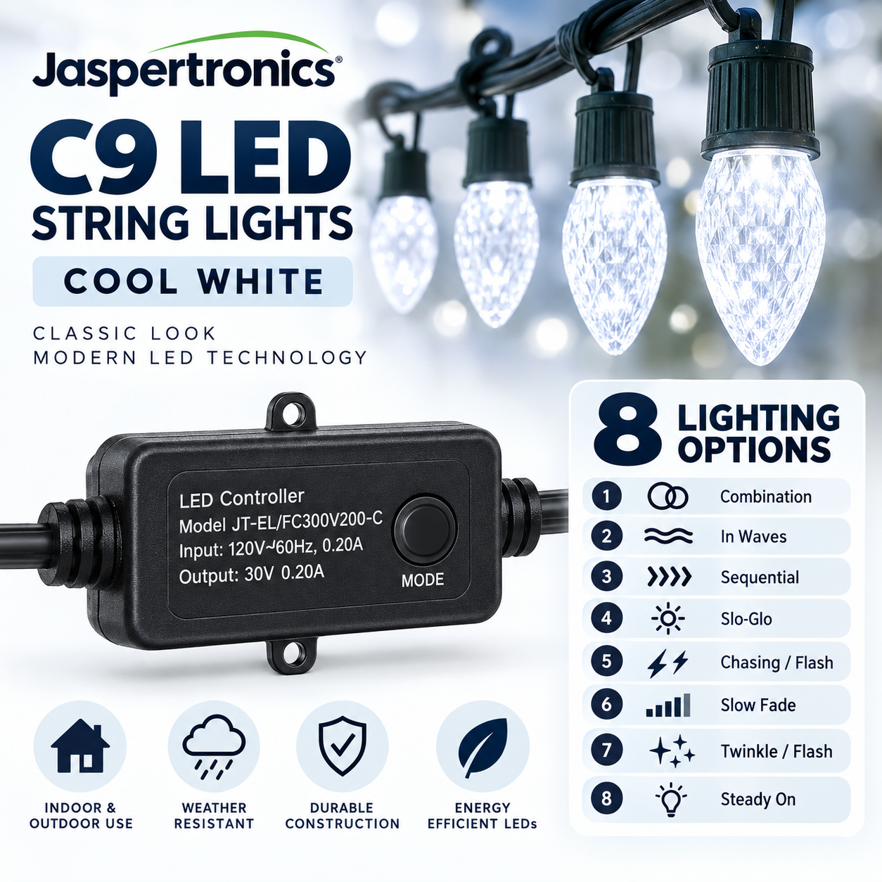 Jaspertronics 40-bulb Cool White C9 holiday lights product image 3