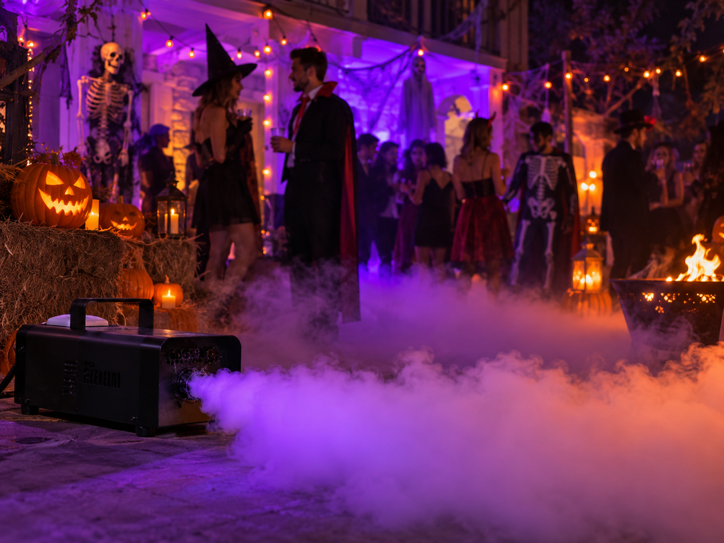 Fog machine creating thick stage fog with dramatic blue lighting