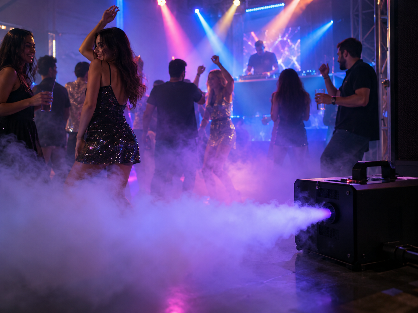 Halloween party with fog machine, pumpkins, costumes and purple orange lighting