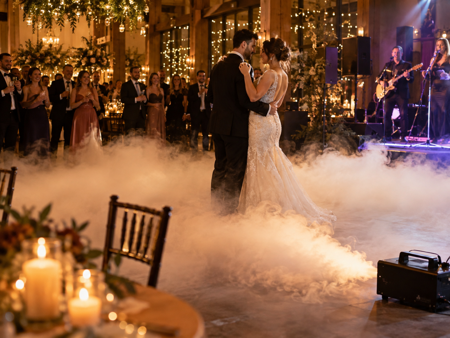 Fog machine adding haze and colored lighting effects to a DJ dance party