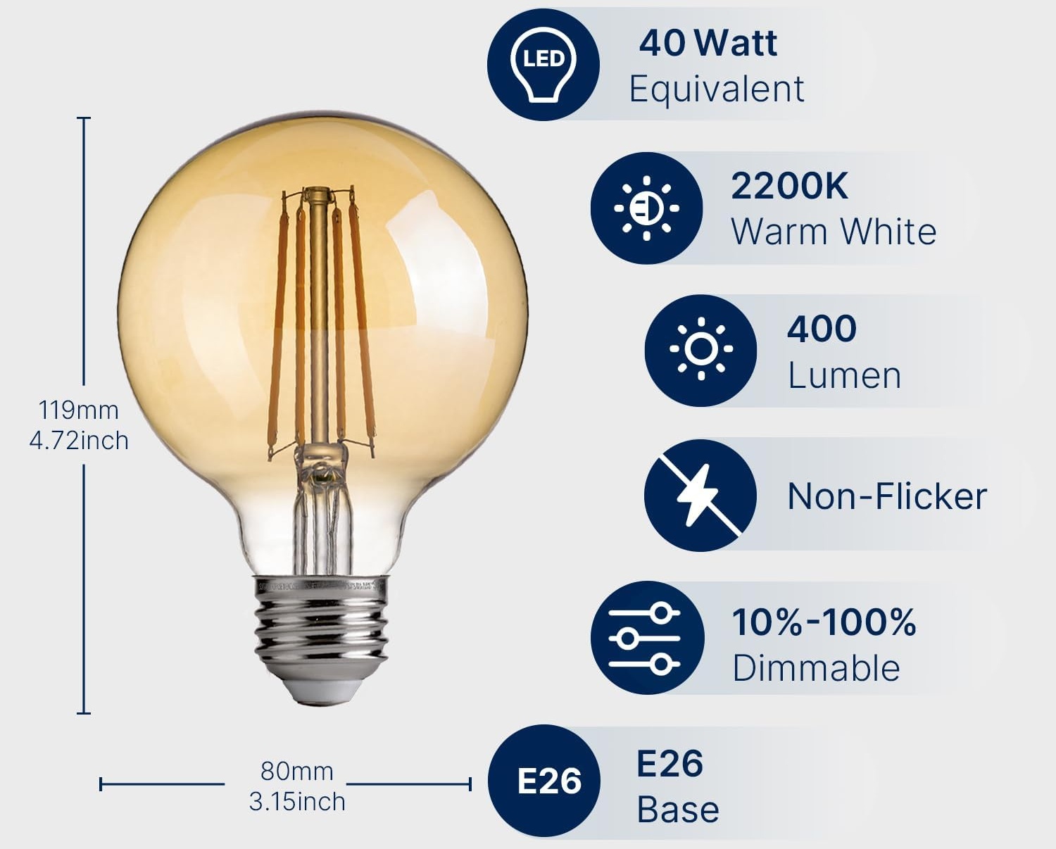 Jaspertronics G25 LED Edison Bulb Amber