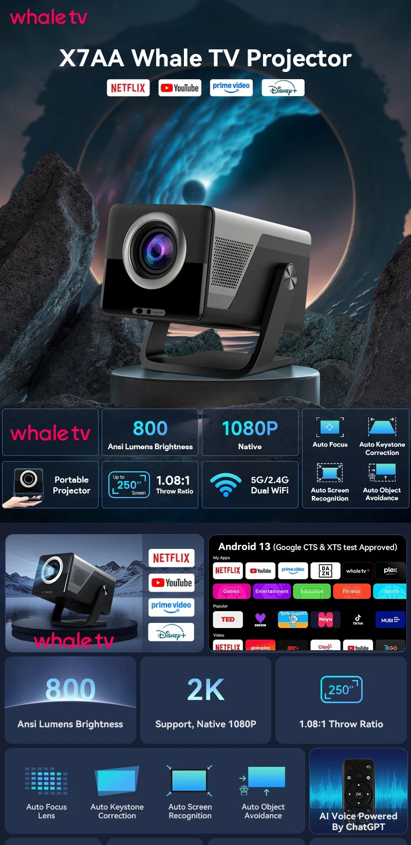 Jaspertronics X7AA mini smart projector 4K home theater