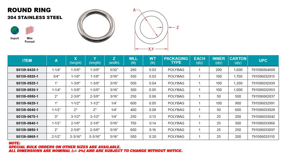 STAINLESS ROUND RING, RIGGING RING, 5/32" X 11/4", 304 SS eBay