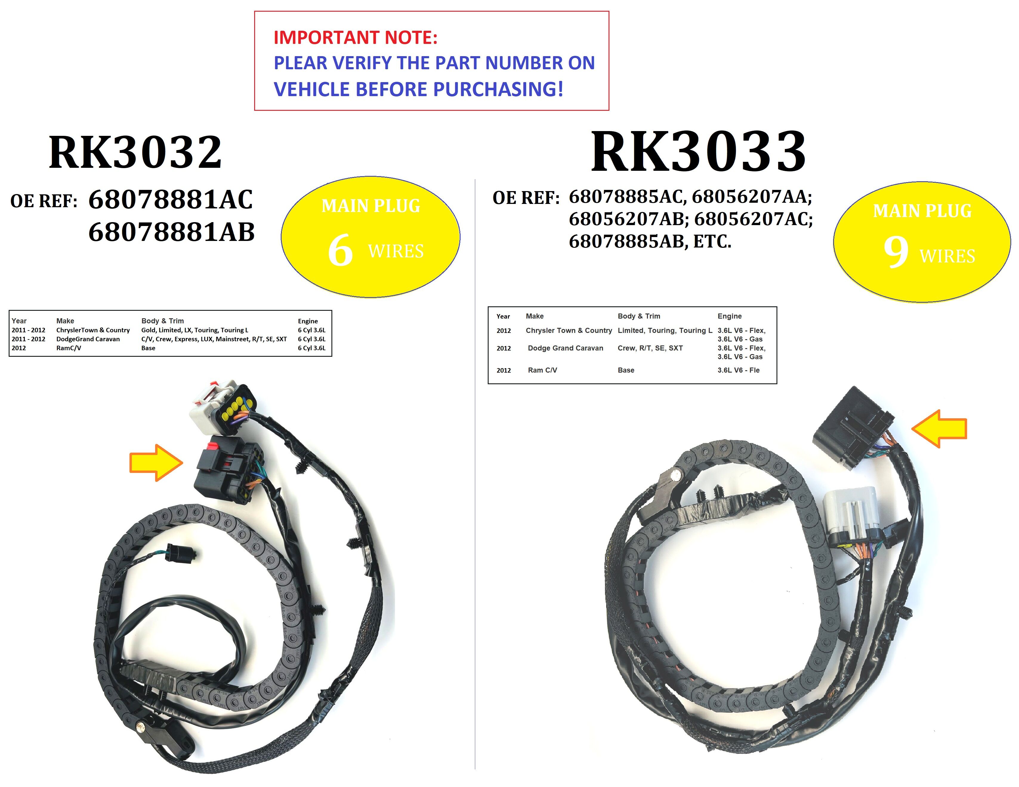 MotorKing Left Sliding Door Wiring Harness – 10-12 Town & Country, Grand Caravan – Main Plug 6 Wires