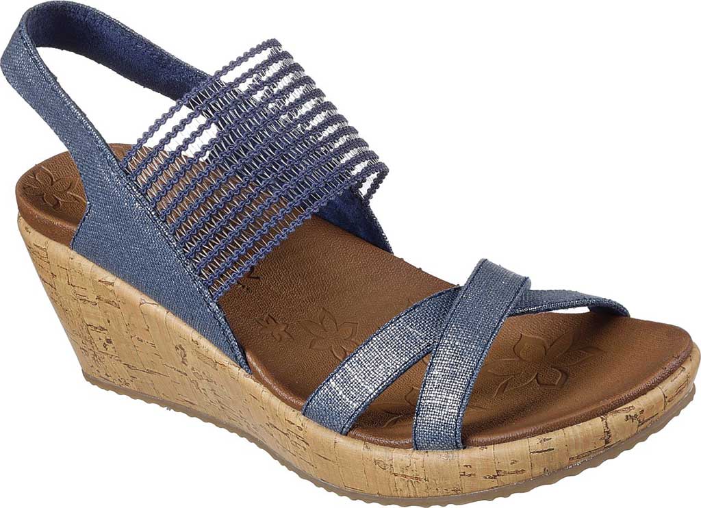 Best Women's Skechers Beverlee High Tea Wedge Sandal Shoe and Boot, Navy | beayshopping.com
