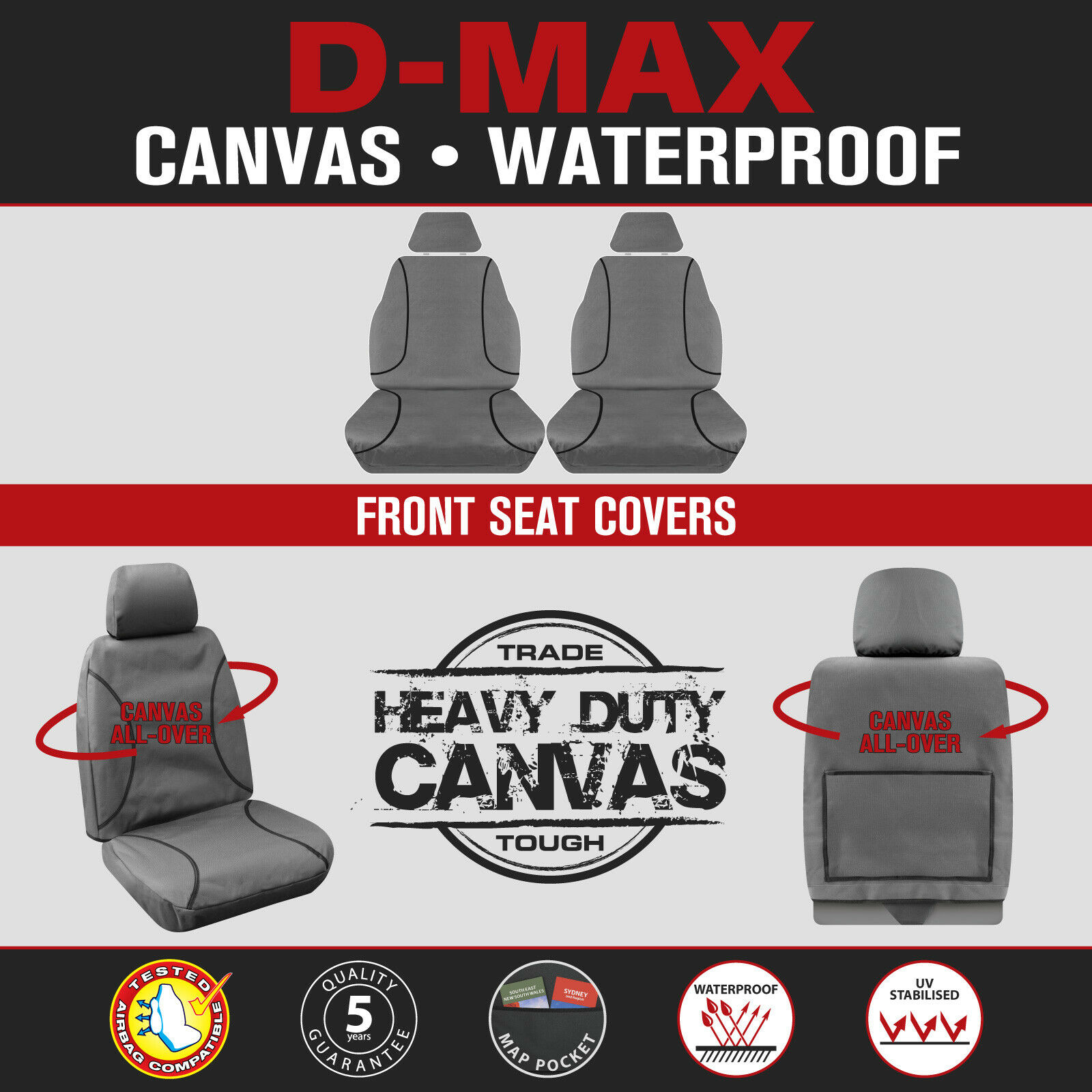 ONWARDS CANVAS WATERPROOF TAILOR MADE GREY CAR SEAT COVERS ISUZU D-MAX TF 2012 ONWARDS CANVAS WATERPROOF TAILOR MADE GREY CAR SEAT COVERS ISUZU D-MAX TF 2012