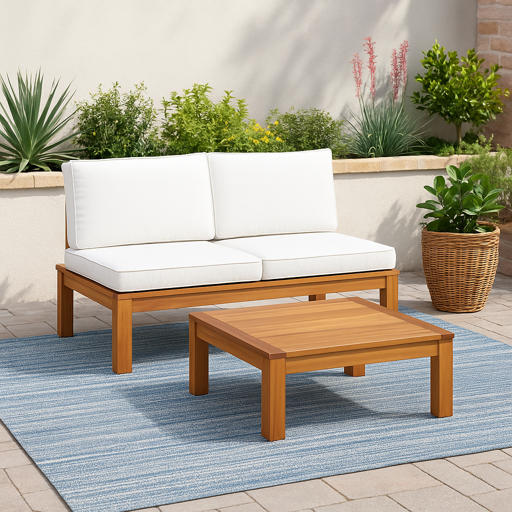 Acacia Modular Outdoor Sofa Set with Convertible Chaise Lounge, Natural Finish