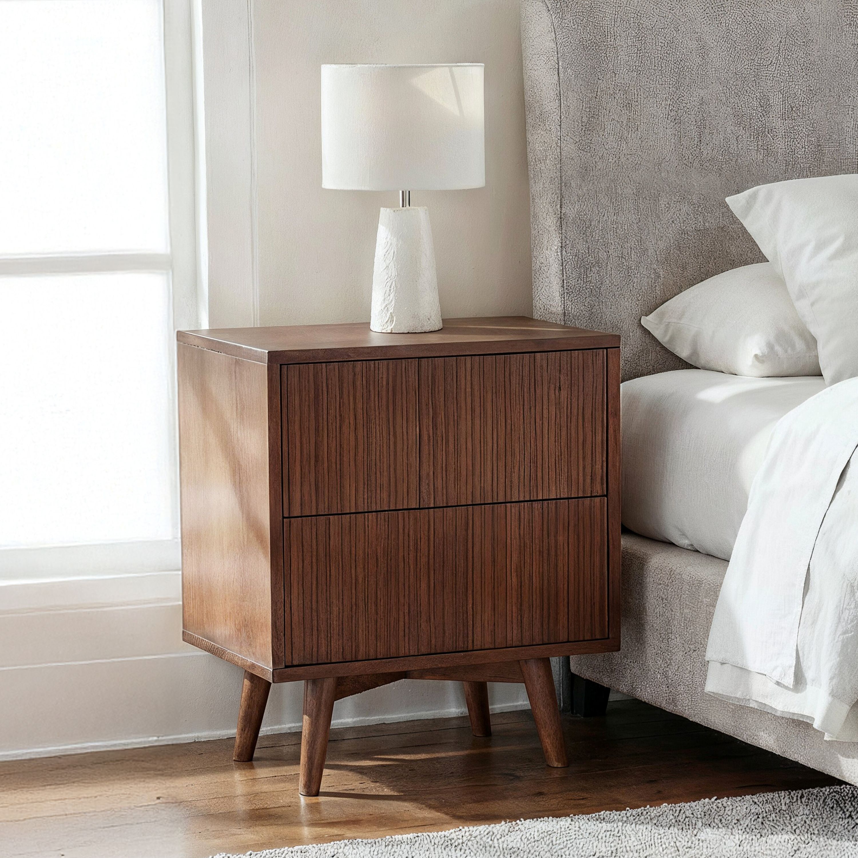 Tremolo Bedside Nightstand with 2 Push-Open Drawers & Fluted Fronts Accent