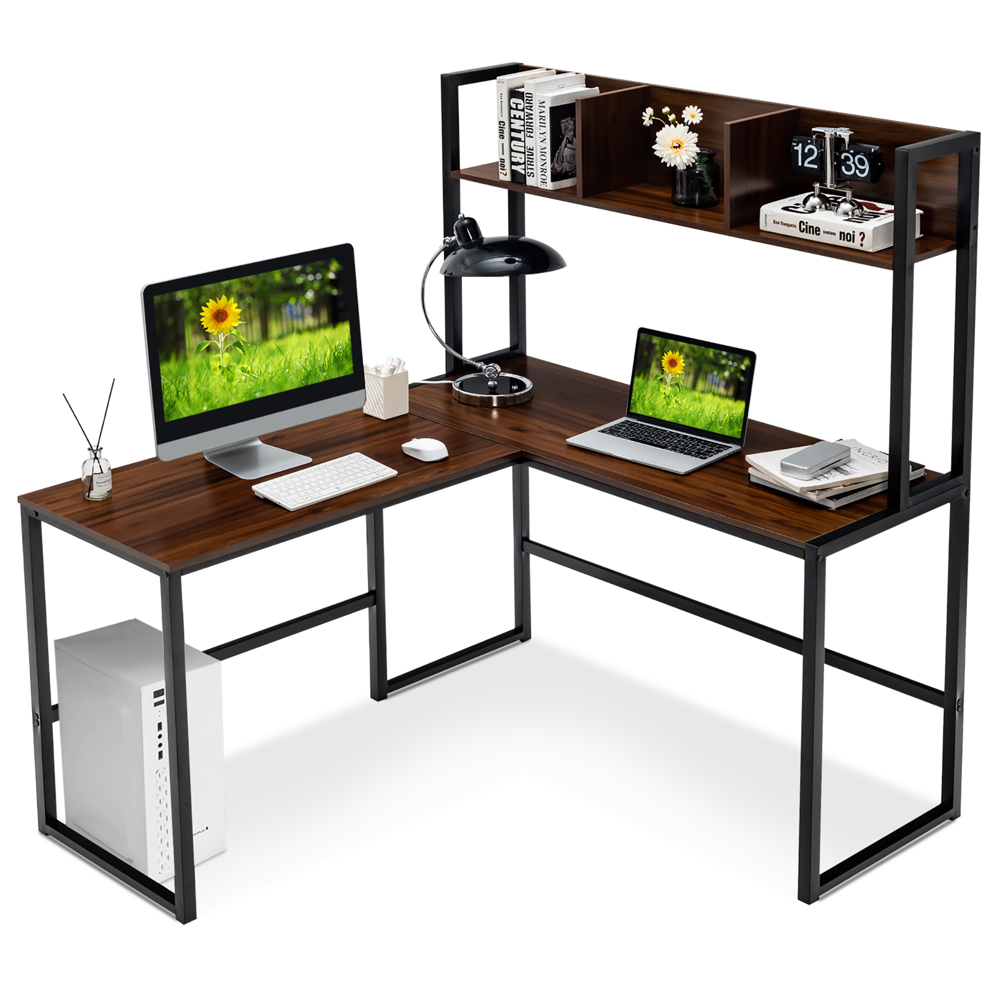 Costway 55"L-Shaped Desk Corner Computer Desk Writing Workstation Table w/Hutch - Picture 12 of 21